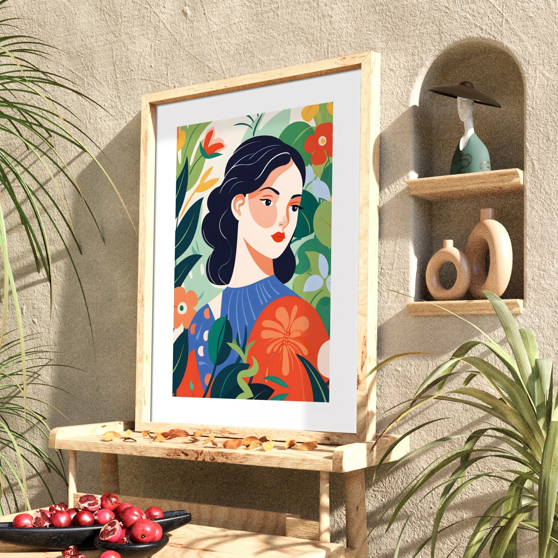 Tropik Çiçekli Kadın Portre Doğal Ahşap Çerçeveli Tablo Bohem Duvar Dekoru Poster Obje