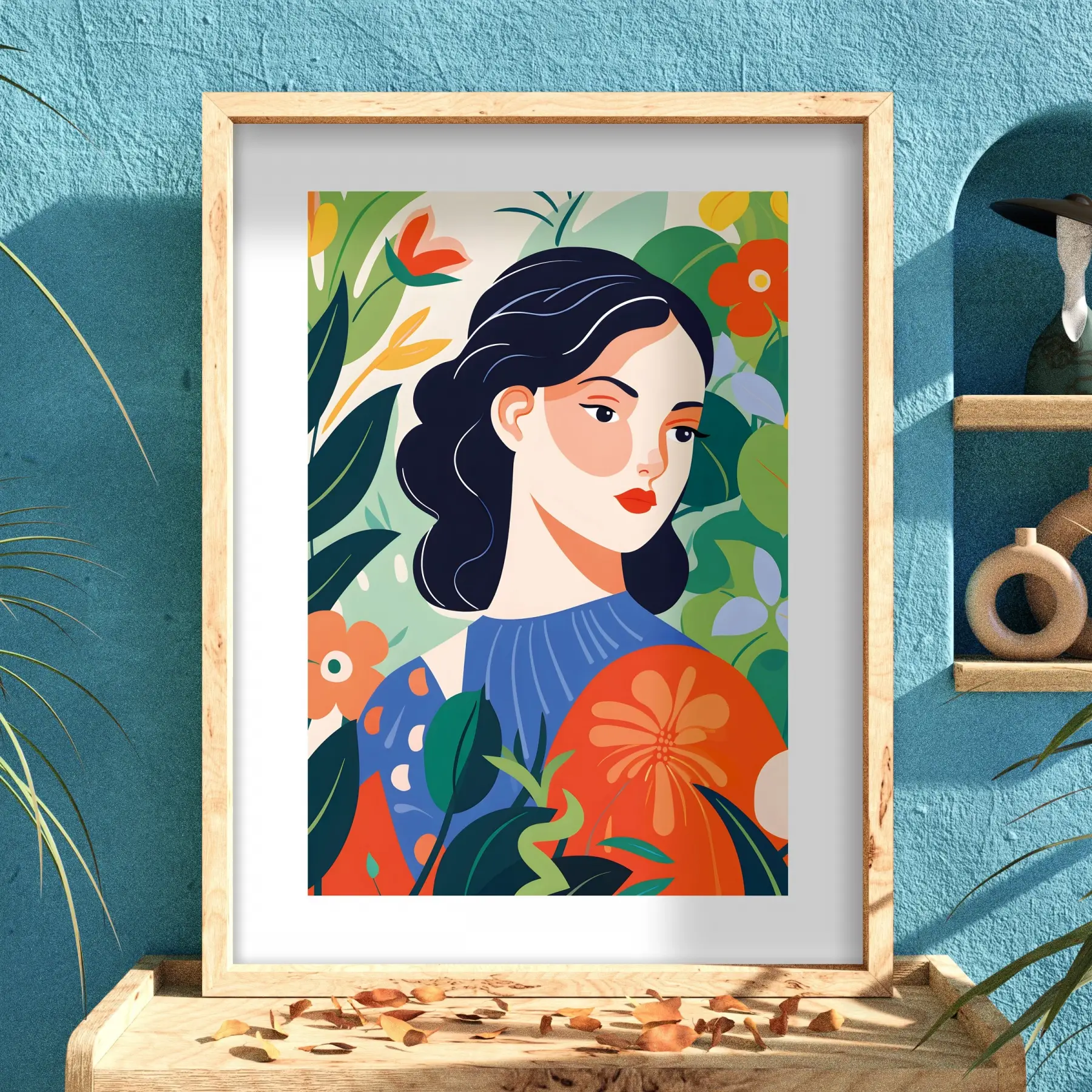 Tropik Çiçekli Kadın Portre Doğal Ahşap Çerçeveli Tablo Bohem Duvar Dekoru Poster Obje