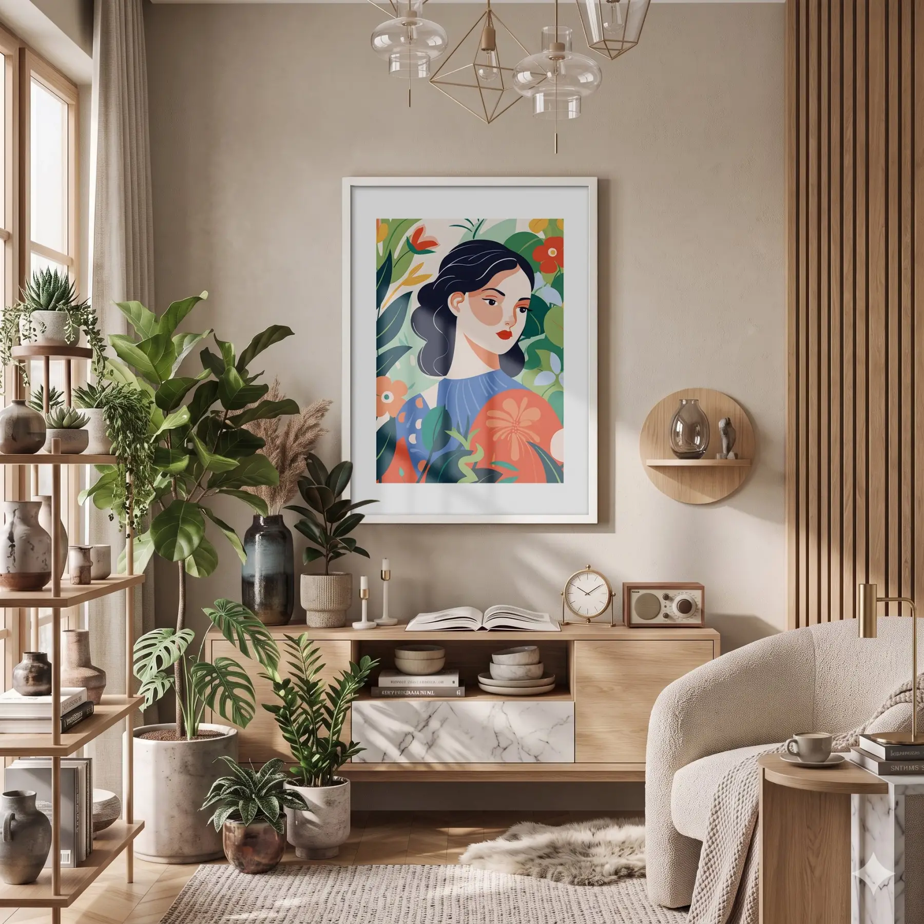 Tropik Çiçekli Kadın Portre Beyaz Ahşap Çerçeveli Tablo Bohem Duvar Dekoru Poster Obje