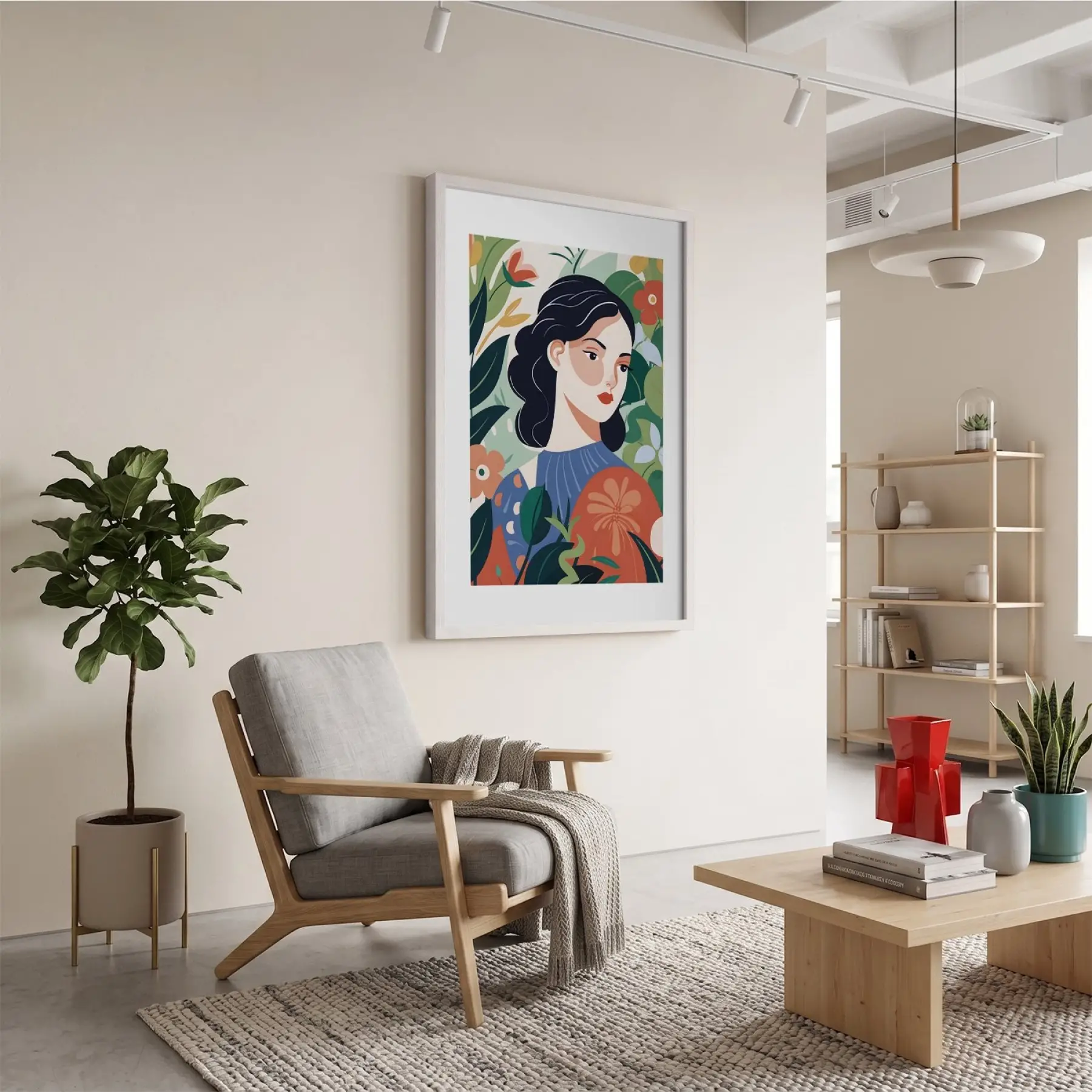 Tropik Çiçekli Kadın Portre Beyaz Ahşap Çerçeveli Tablo Bohem Duvar Dekoru Poster Obje