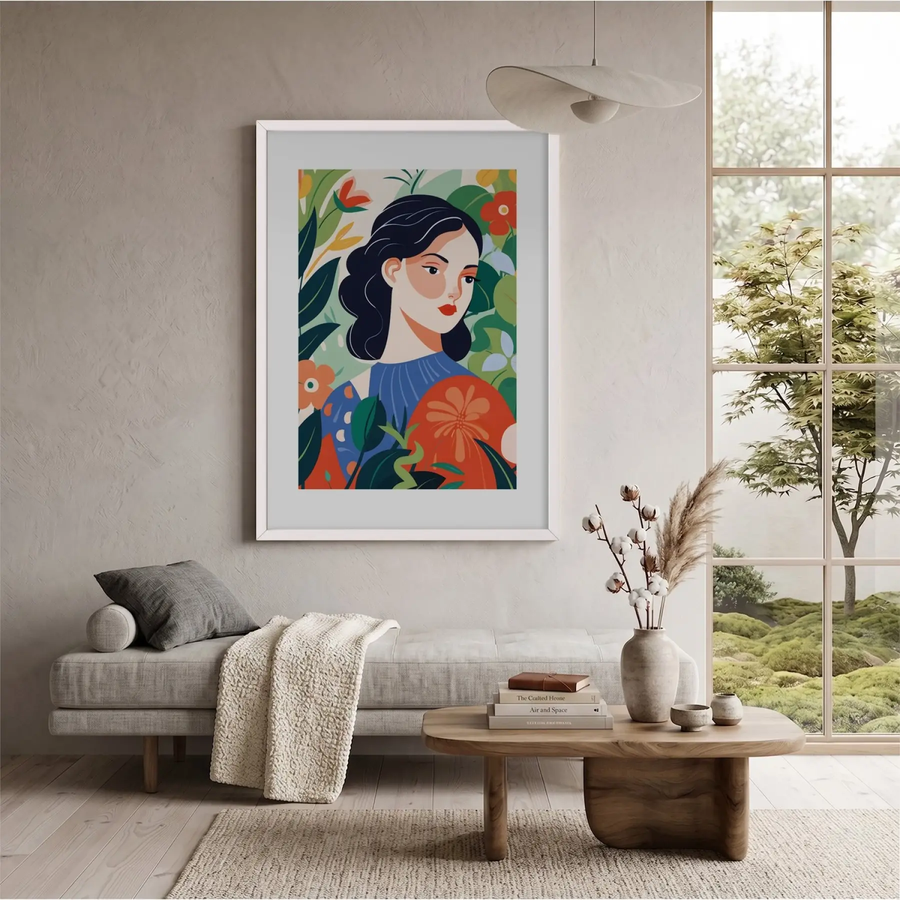 Tropik Çiçekli Kadın Portre Beyaz Ahşap Çerçeveli Tablo Bohem Duvar Dekoru Poster Obje