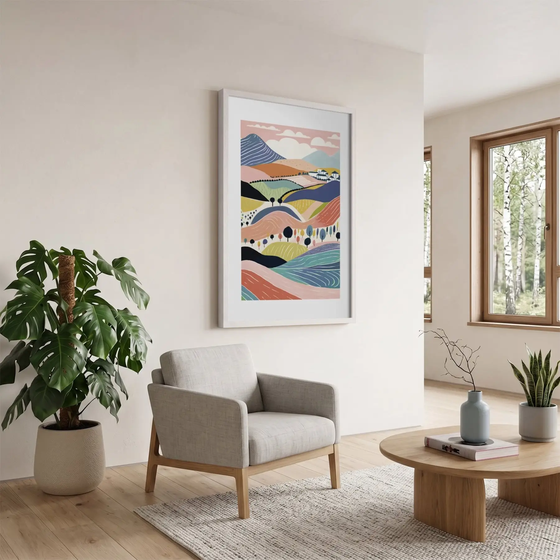 Canlı Kırsal Tepe Manzarası Beyaz Ahşap Çerçeveli Tablo Oturma Odası Duvar Dekoru Poster