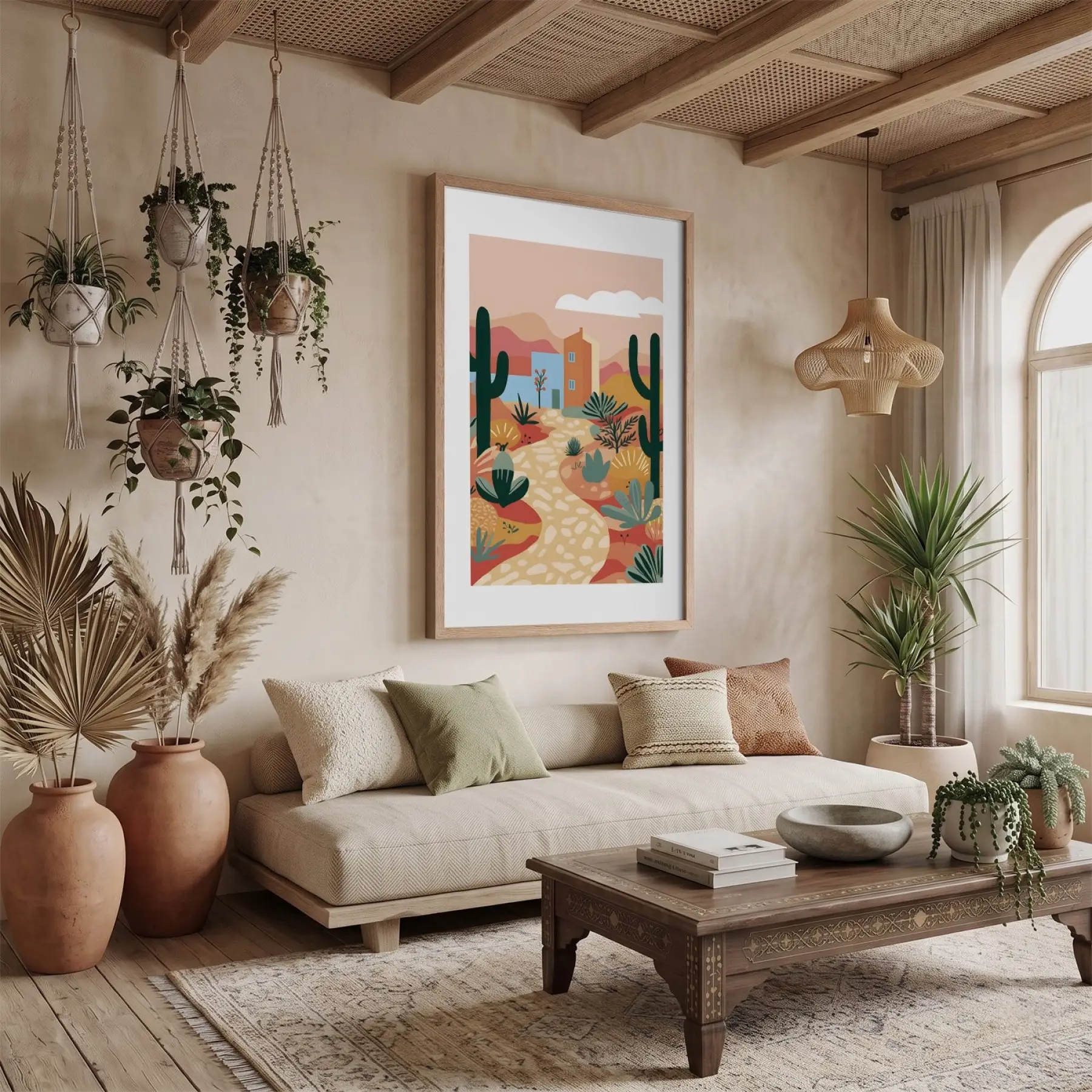 Kaktüslü Çöl Evi Doğal Ahşap Çerçeveli Tablo Salon Oturma Odası Duvar Dekoru Poster