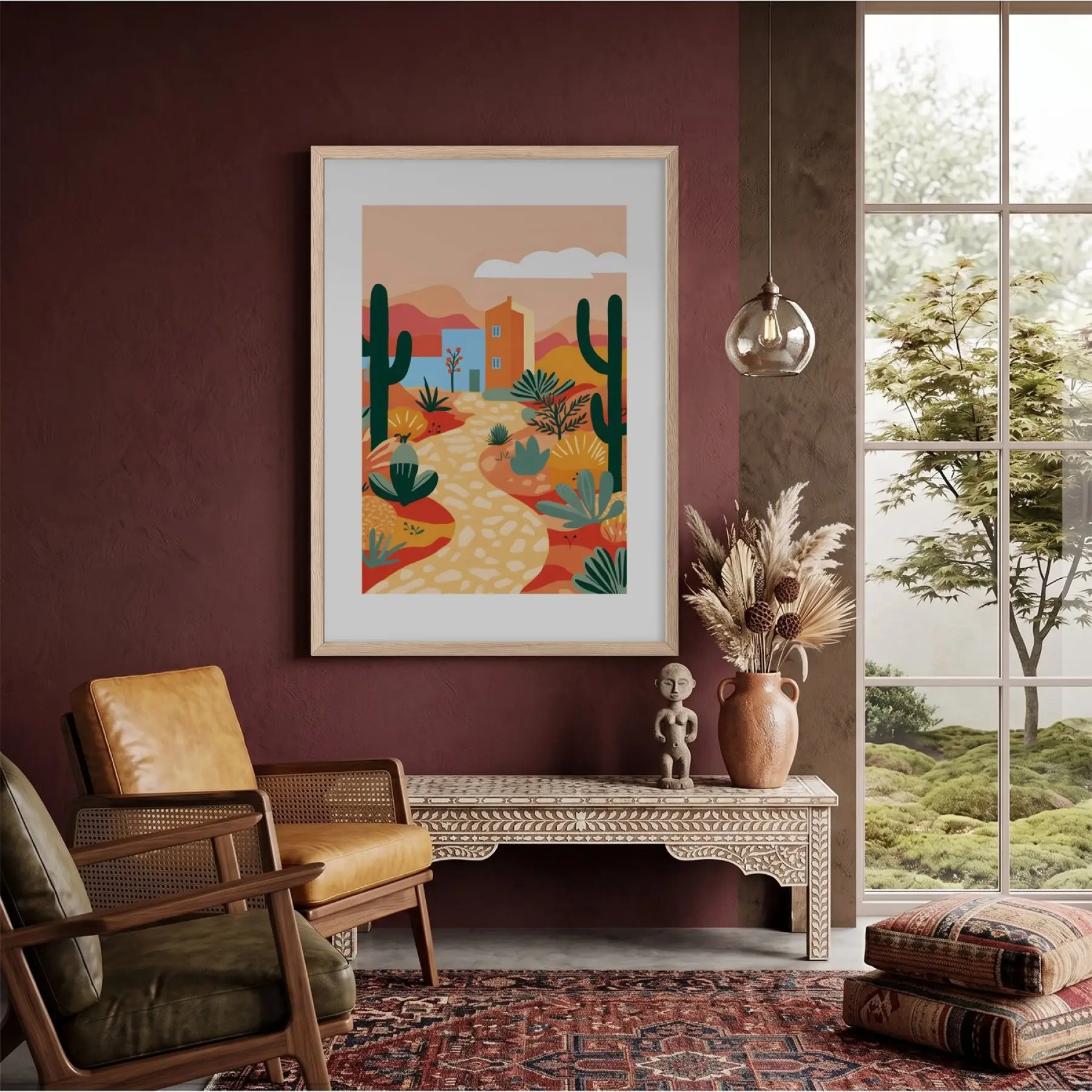 Kaktüslü Çöl Evi Doğal Ahşap Çerçeveli Tablo Salon Oturma Odası Duvar Dekoru Poster
