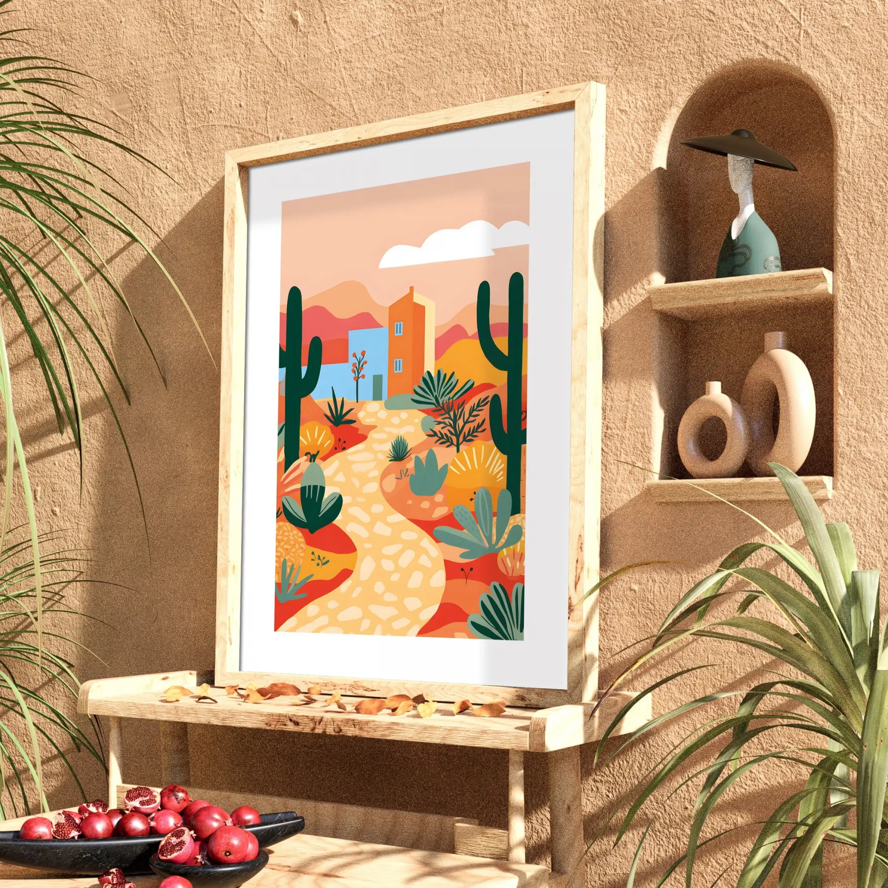 Kaktüslü Çöl Evi Doğal Ahşap Çerçeveli Tablo Salon Oturma Odası Duvar Dekoru Poster