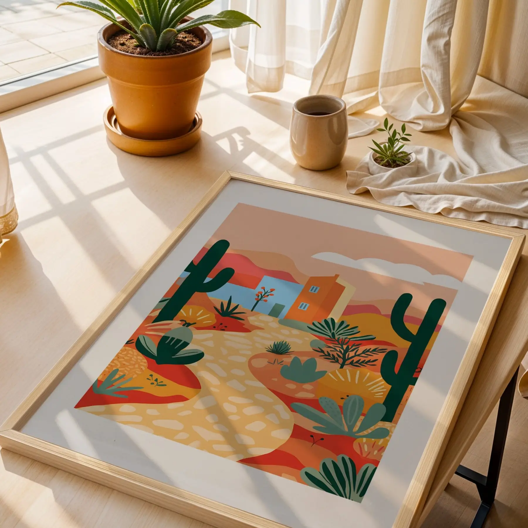 Kaktüslü Çöl Evi Doğal Ahşap Çerçeveli Tablo Salon Oturma Odası Duvar Dekoru Poster