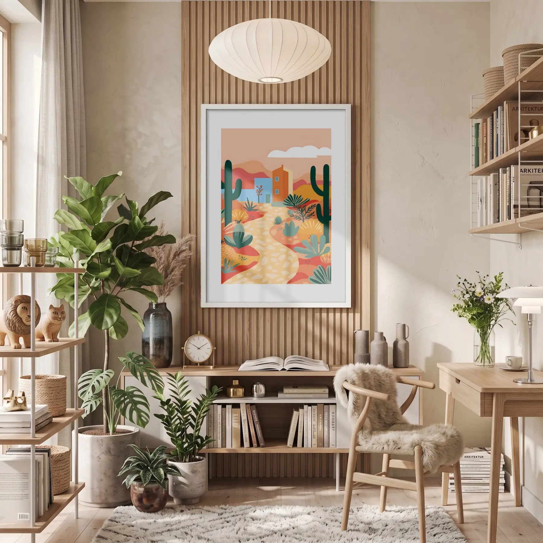 Kaktüslü Çöl Evi Beyaz Ahşap Çerçeveli Tablo Obje Ev Aksesuarları Modern Sanat İç