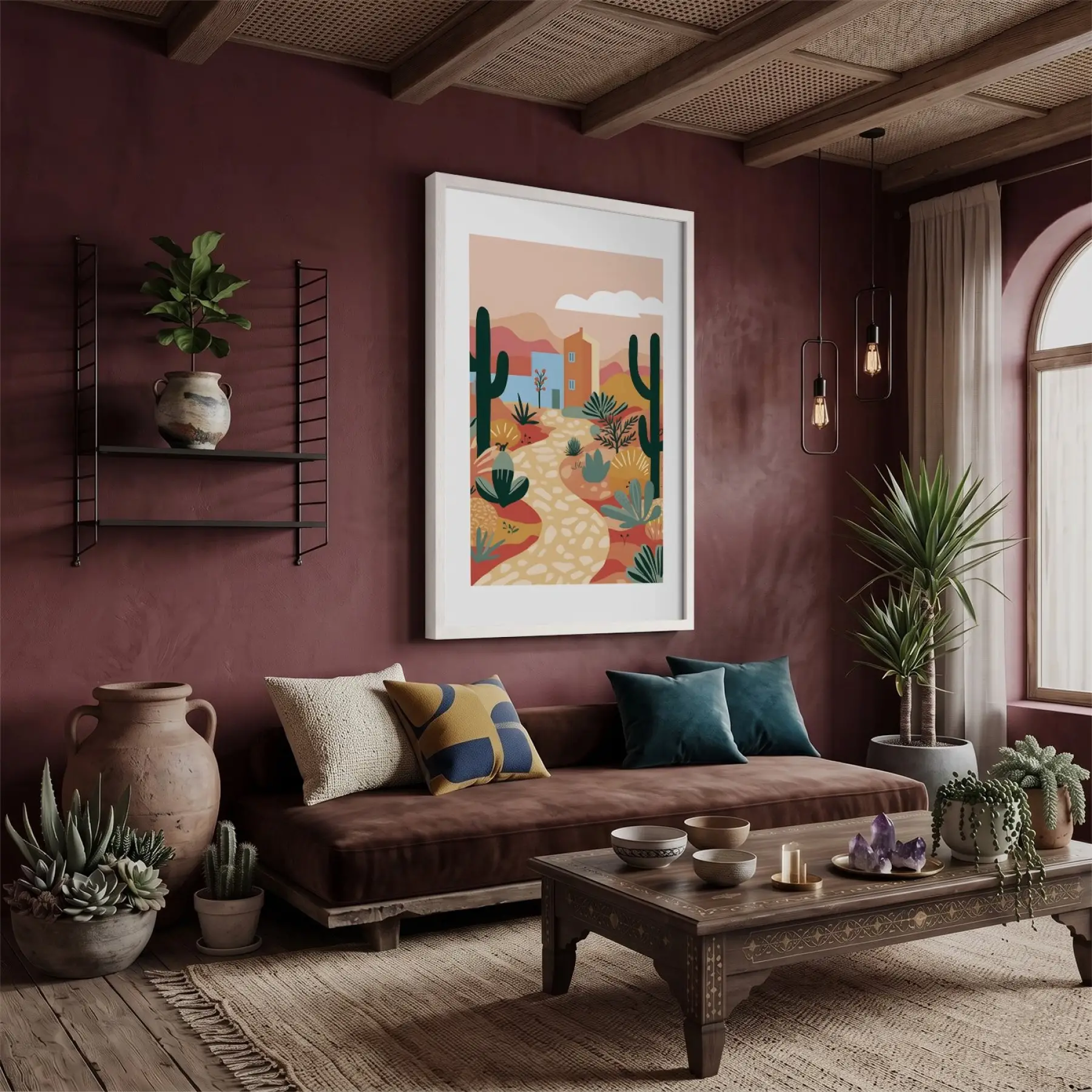 Kaktüslü Çöl Evi Beyaz Ahşap Çerçeveli Tablo Obje Ev Aksesuarları Modern Sanat İç