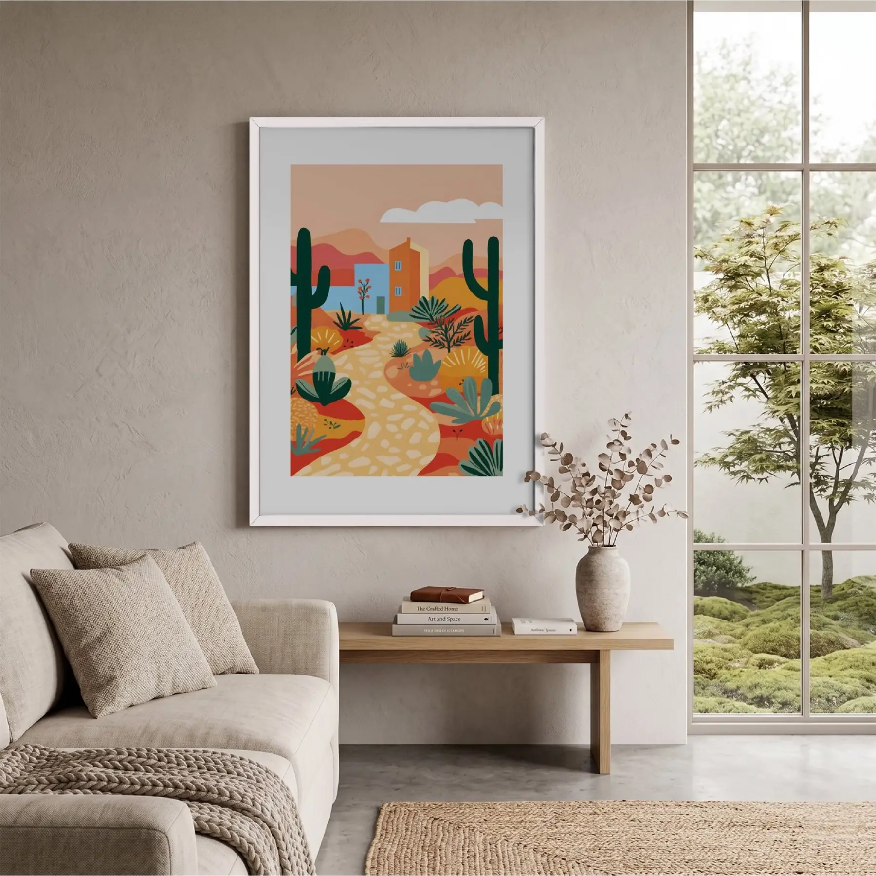 Kaktüslü Çöl Evi Beyaz Ahşap Çerçeveli Tablo Obje Ev Aksesuarları Modern Sanat İç