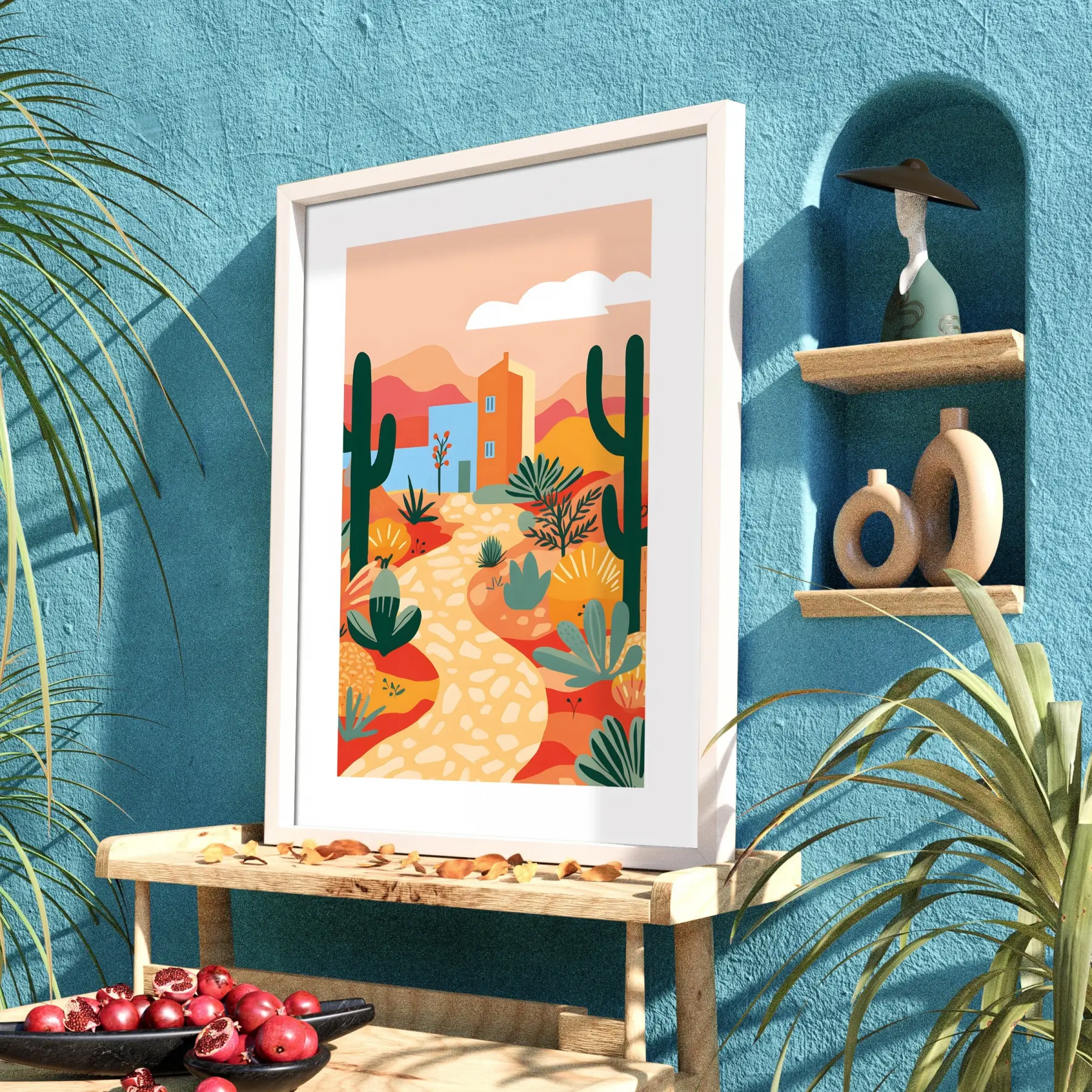 Kaktüslü Çöl Evi Beyaz Ahşap Çerçeveli Tablo Obje Ev Aksesuarları Modern Sanat İç