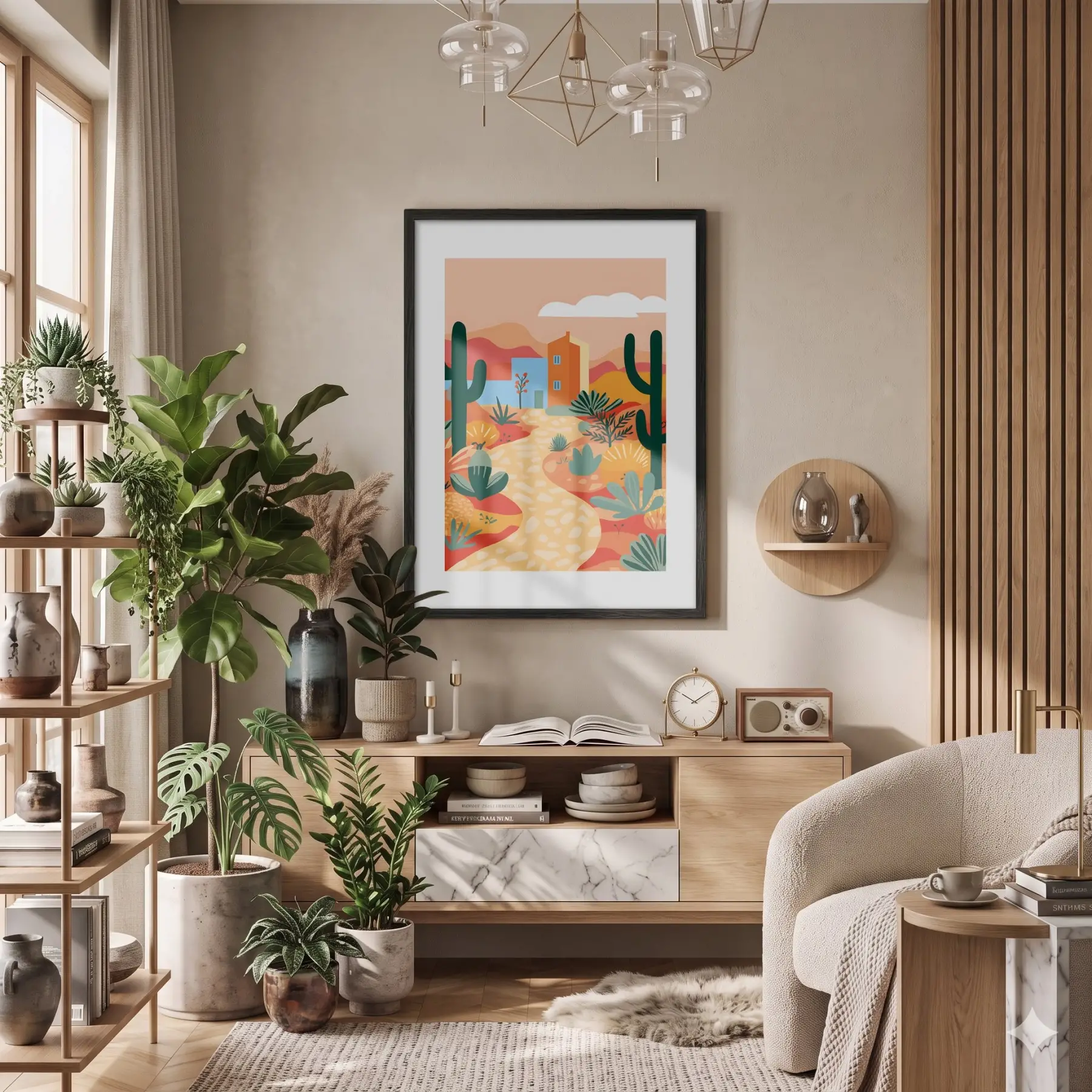 Kaktüslü Çöl Evi Siyah Ahşap Çerçeveli Tablo Poster Dekoratif Obje Ev Aksesuarları Modern