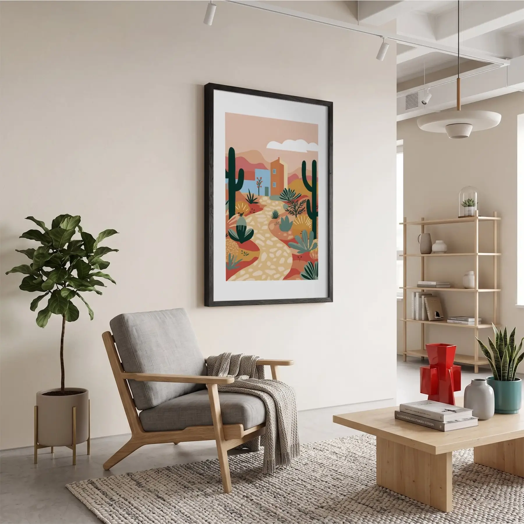 Kaktüslü Çöl Evi Siyah Ahşap Çerçeveli Tablo Poster Dekoratif Obje Ev Aksesuarları Modern