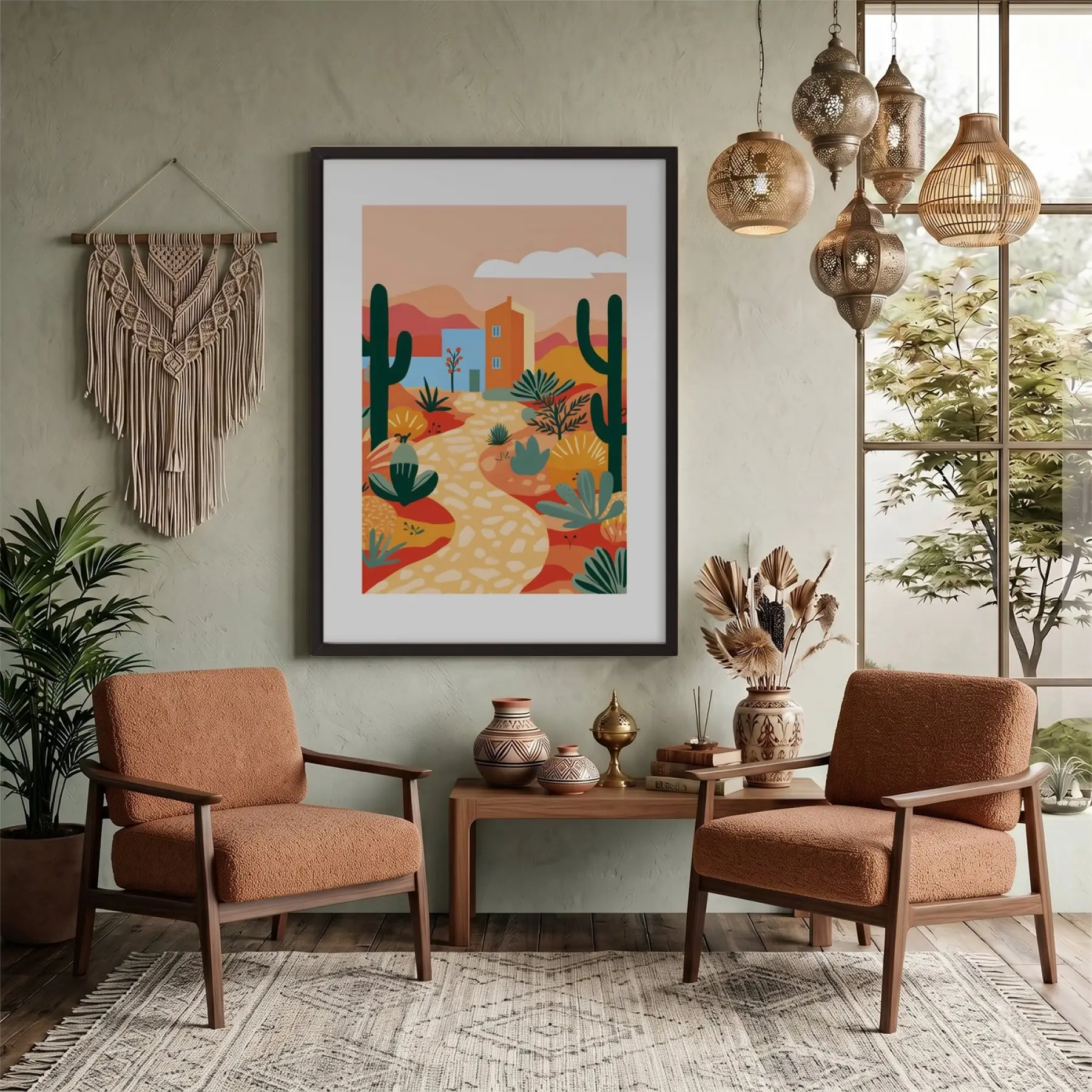 Kaktüslü Çöl Evi Siyah Ahşap Çerçeveli Tablo Poster Dekoratif Obje Ev Aksesuarları Modern