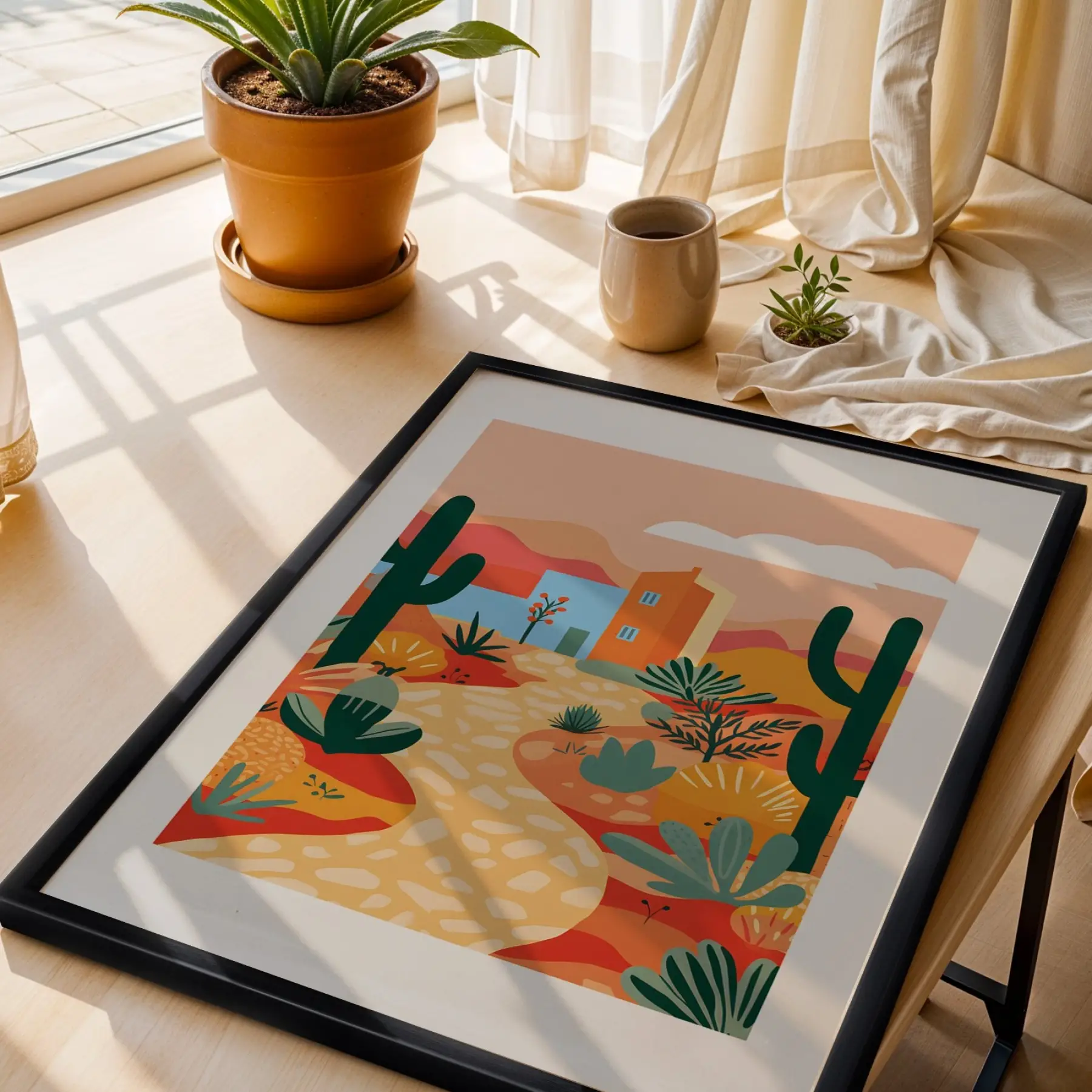 Kaktüslü Çöl Evi Siyah Ahşap Çerçeveli Tablo Poster Dekoratif Obje Ev Aksesuarları Modern