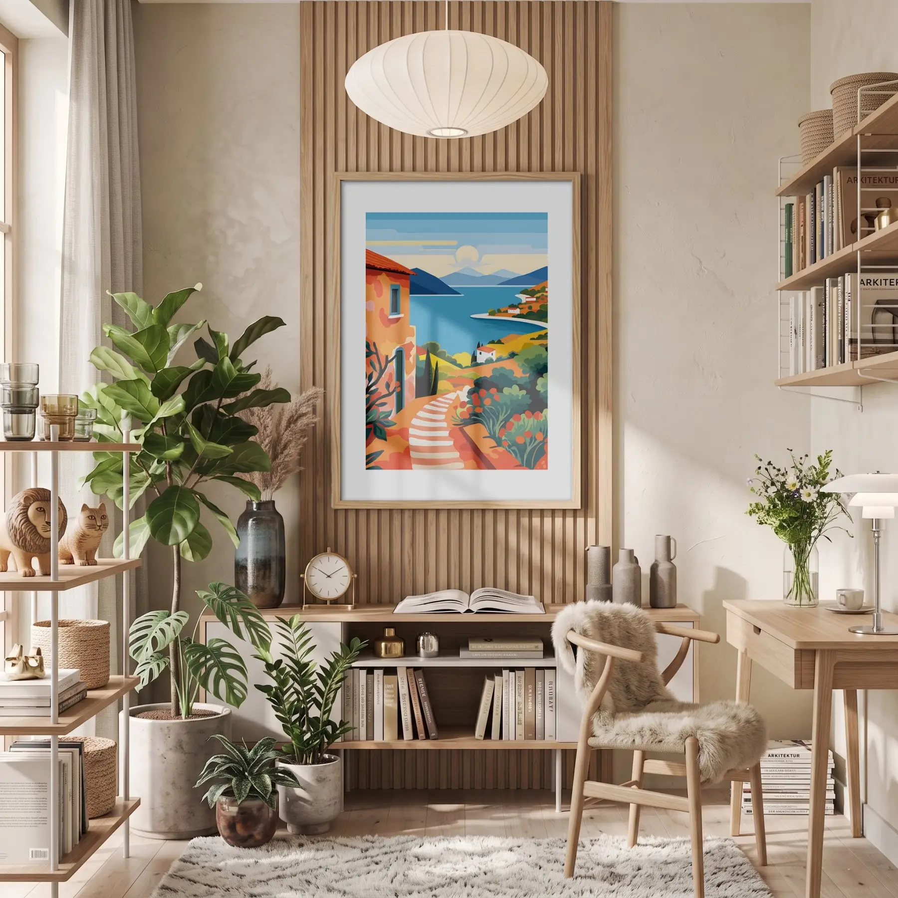 Rengarenk Deniz Kasabası Doğal Ahşap Çerçeveli Tablo Poster Dekoratif Obje Ev Aksesuarları Modern