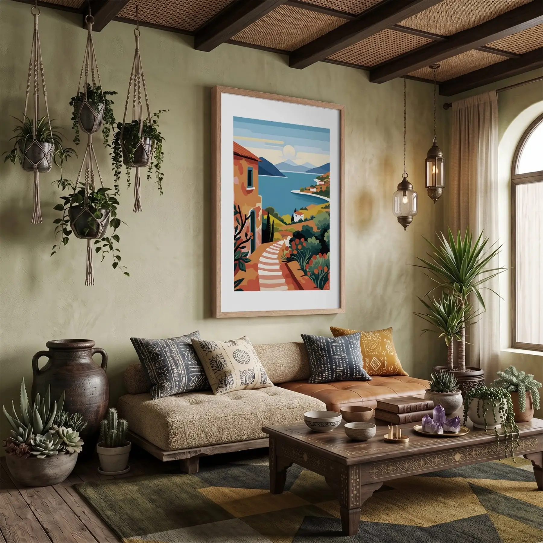Rengarenk Deniz Kasabası Doğal Ahşap Çerçeveli Tablo Poster Dekoratif Obje Ev Aksesuarları Modern