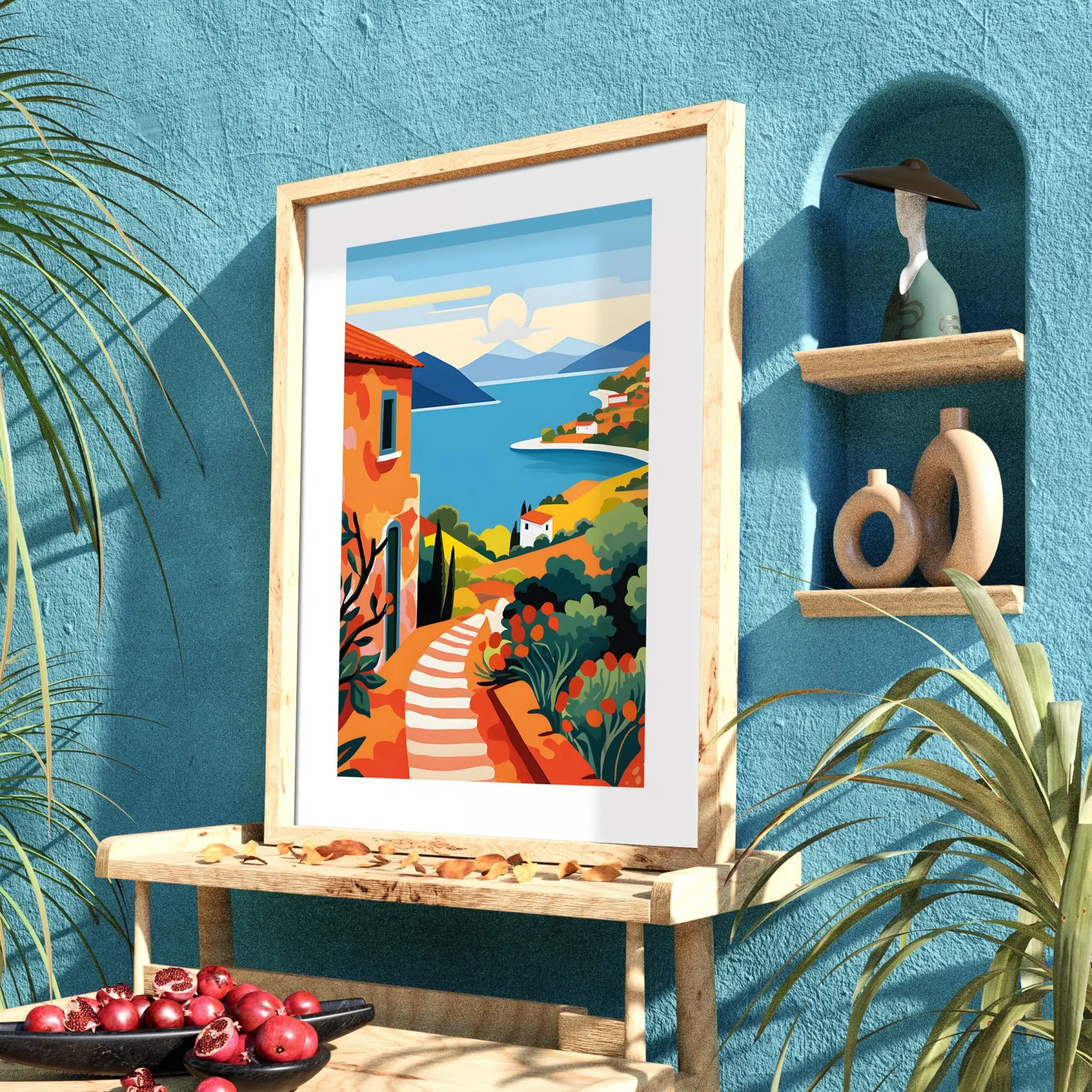 Rengarenk Deniz Kasabası Doğal Ahşap Çerçeveli Tablo Poster Dekoratif Obje Ev Aksesuarları Modern