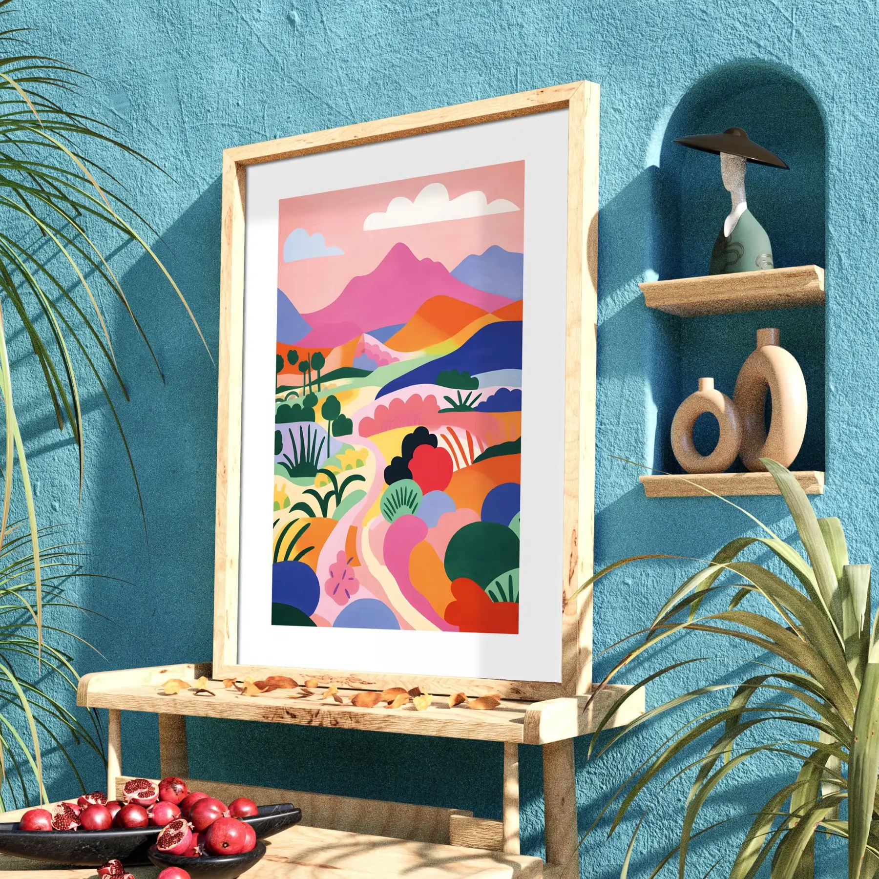 Pastel Dağ Yolu Doğal Ahşap Çerçeveli Tablo Sanat İç Mekan Yatak Koridor Ofis