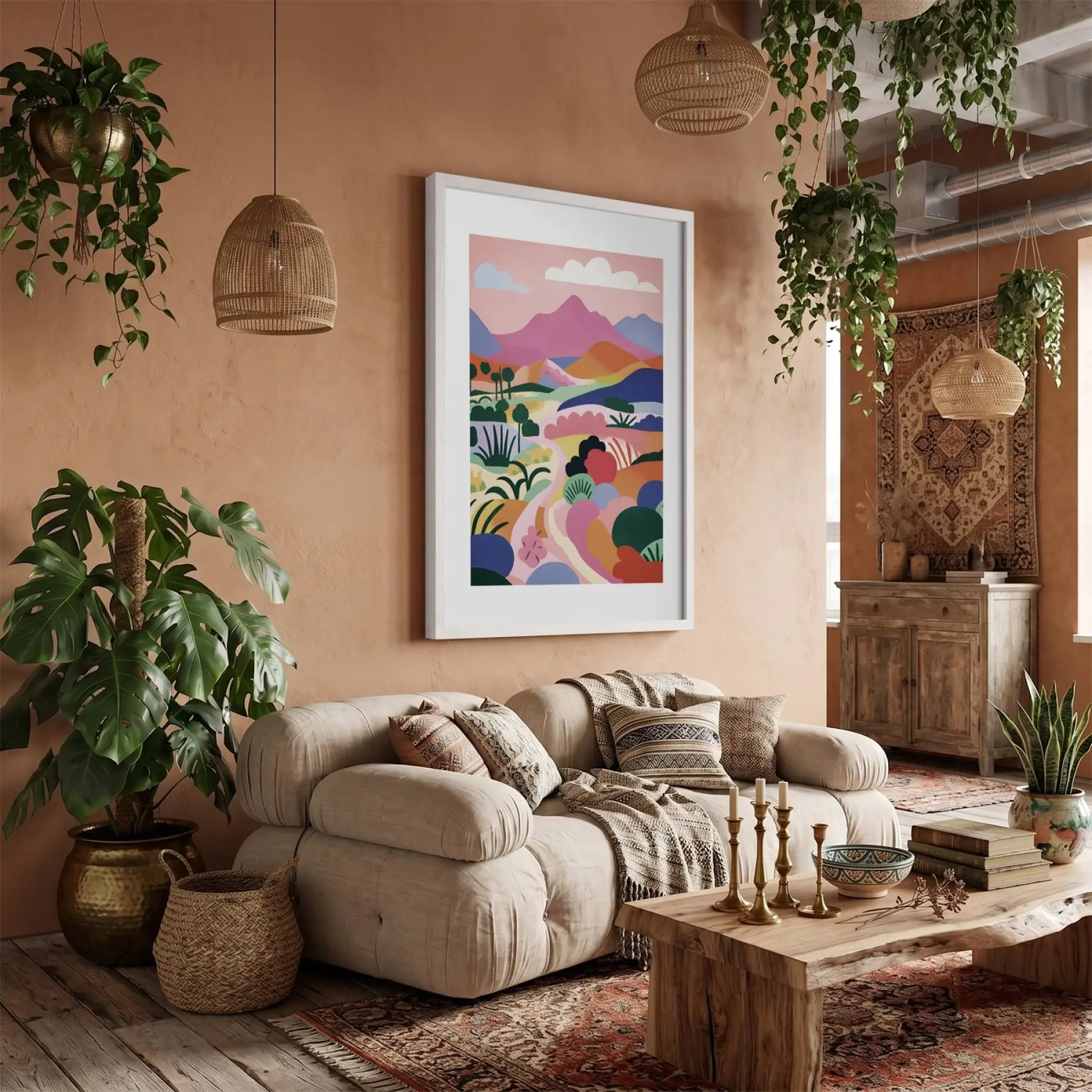 Pastel Dağ Yolu Beyaz Ahşap Çerçeveli Tablo Dekoru Poster Obje Ev Aksesuarları Modern