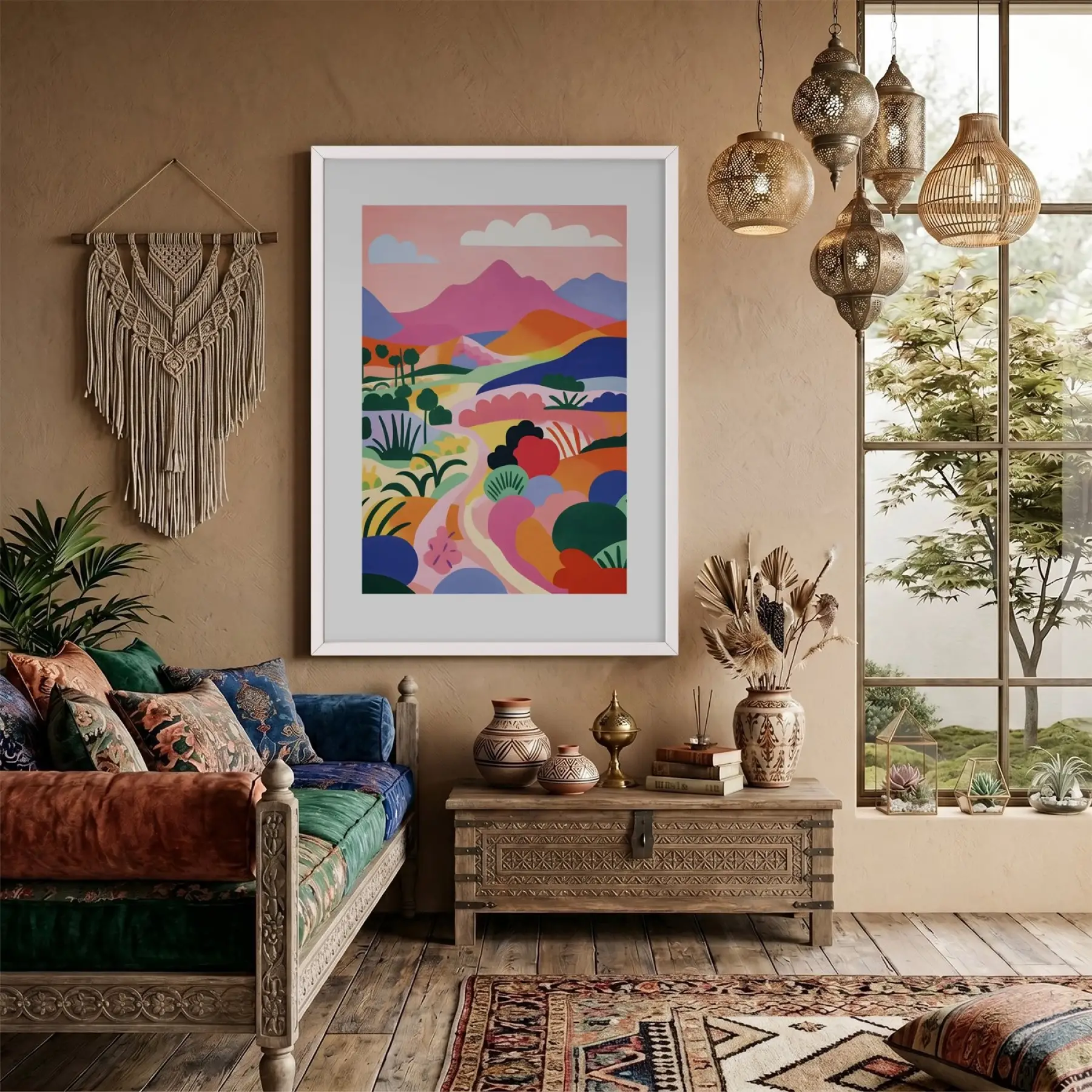 Pastel Dağ Yolu Beyaz Ahşap Çerçeveli Tablo Dekoru Poster Obje Ev Aksesuarları Modern