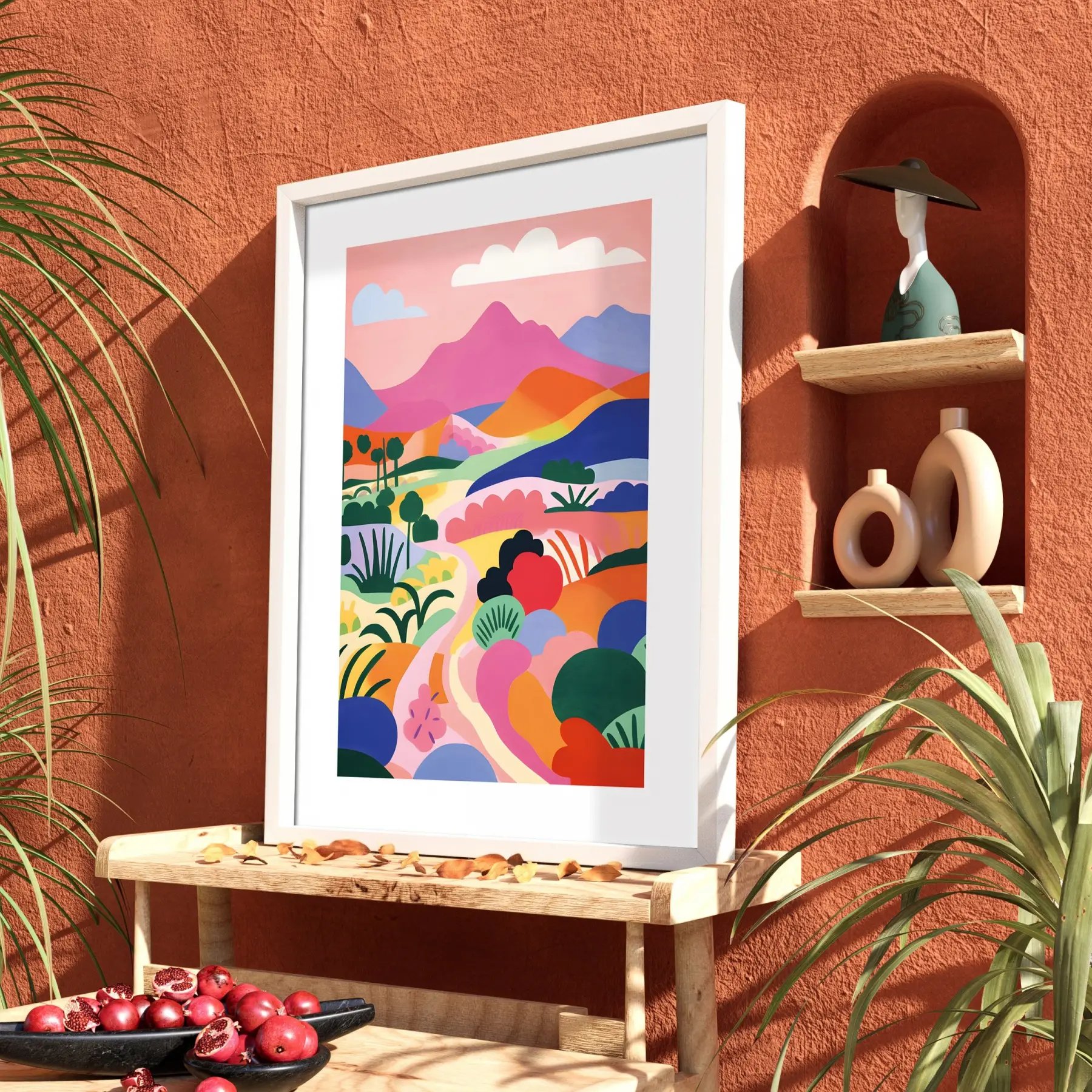 Pastel Dağ Yolu Beyaz Ahşap Çerçeveli Tablo Dekoru Poster Obje Ev Aksesuarları Modern