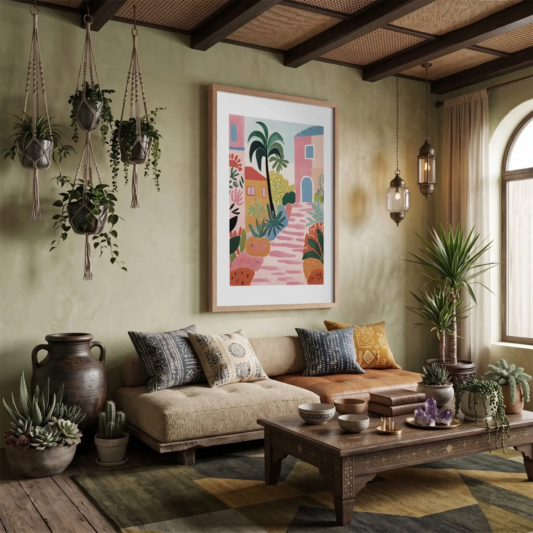Renkli Akdeniz Kasabası Doğal Ahşap Çerçeveli Tablo Ev Aksesuarları Modern Sanat İç Mekan