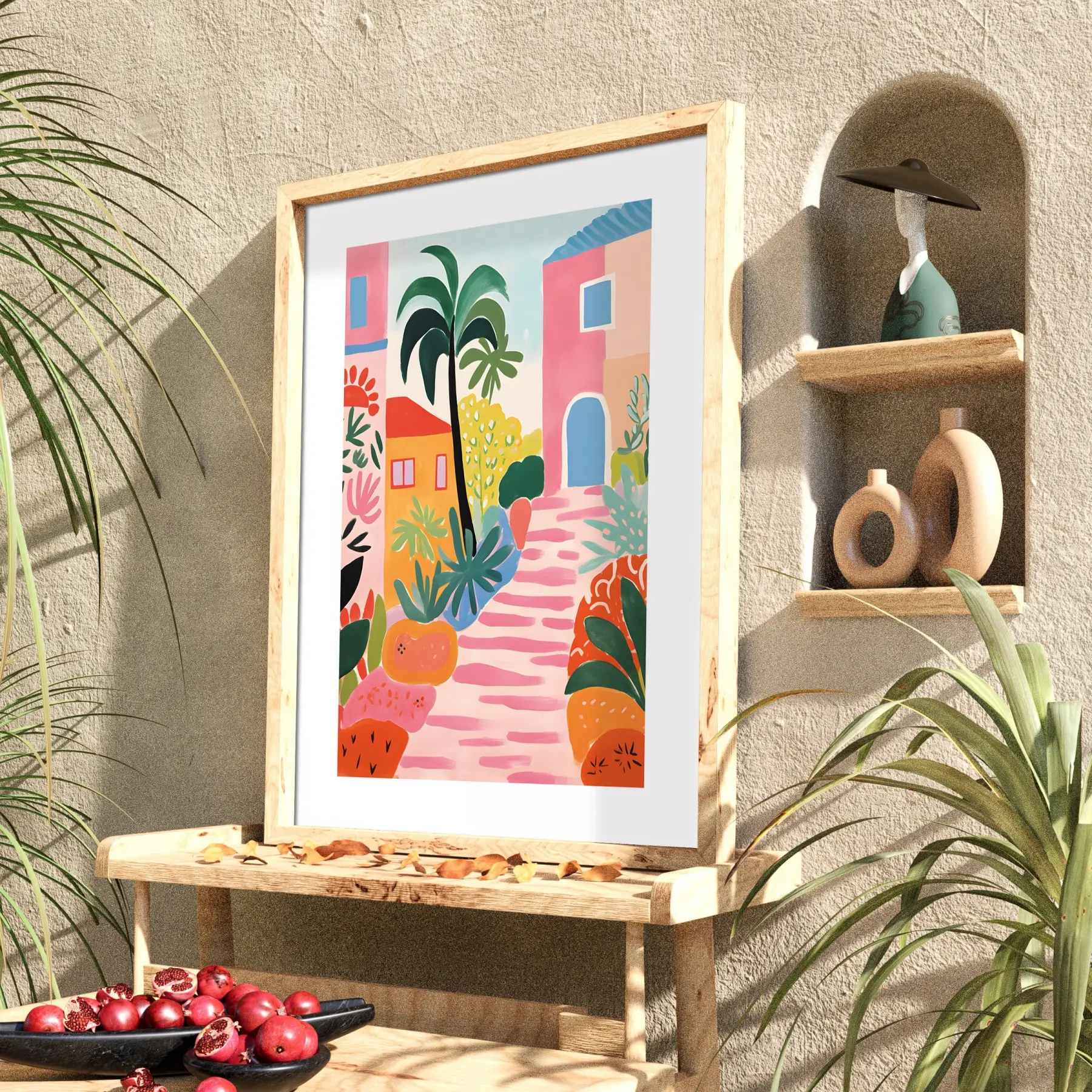 Renkli Akdeniz Kasabası Doğal Ahşap Çerçeveli Tablo Ev Aksesuarları Modern Sanat İç Mekan