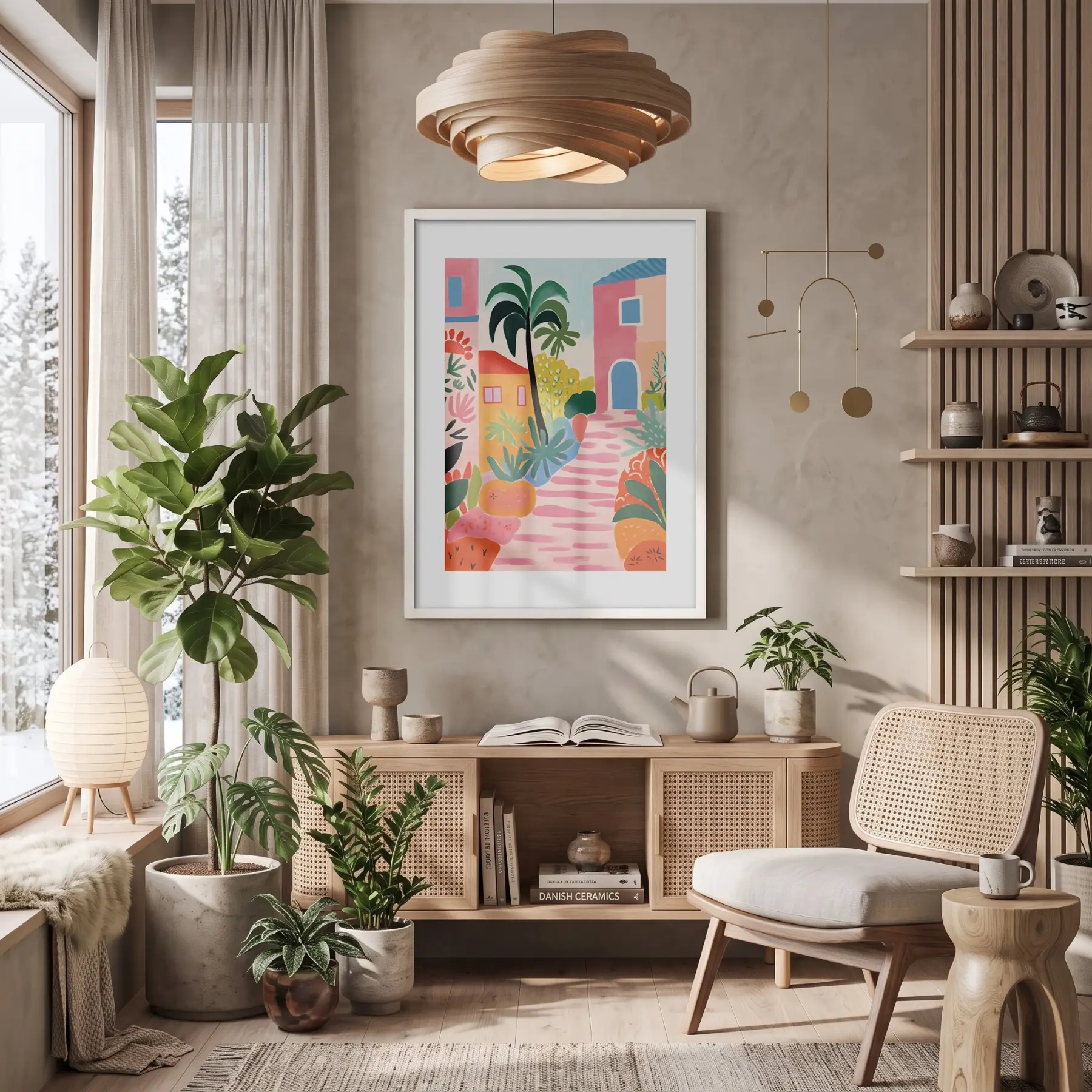 Renkli Akdeniz Kasabası Beyaz Ahşap Çerçeveli Tablo Ev Aksesuarları Modern Sanat İç Mekan