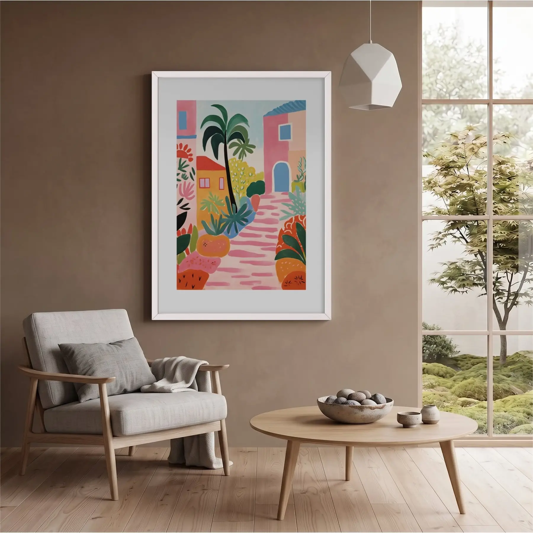 Renkli Akdeniz Kasabası Beyaz Ahşap Çerçeveli Tablo Ev Aksesuarları Modern Sanat İç Mekan