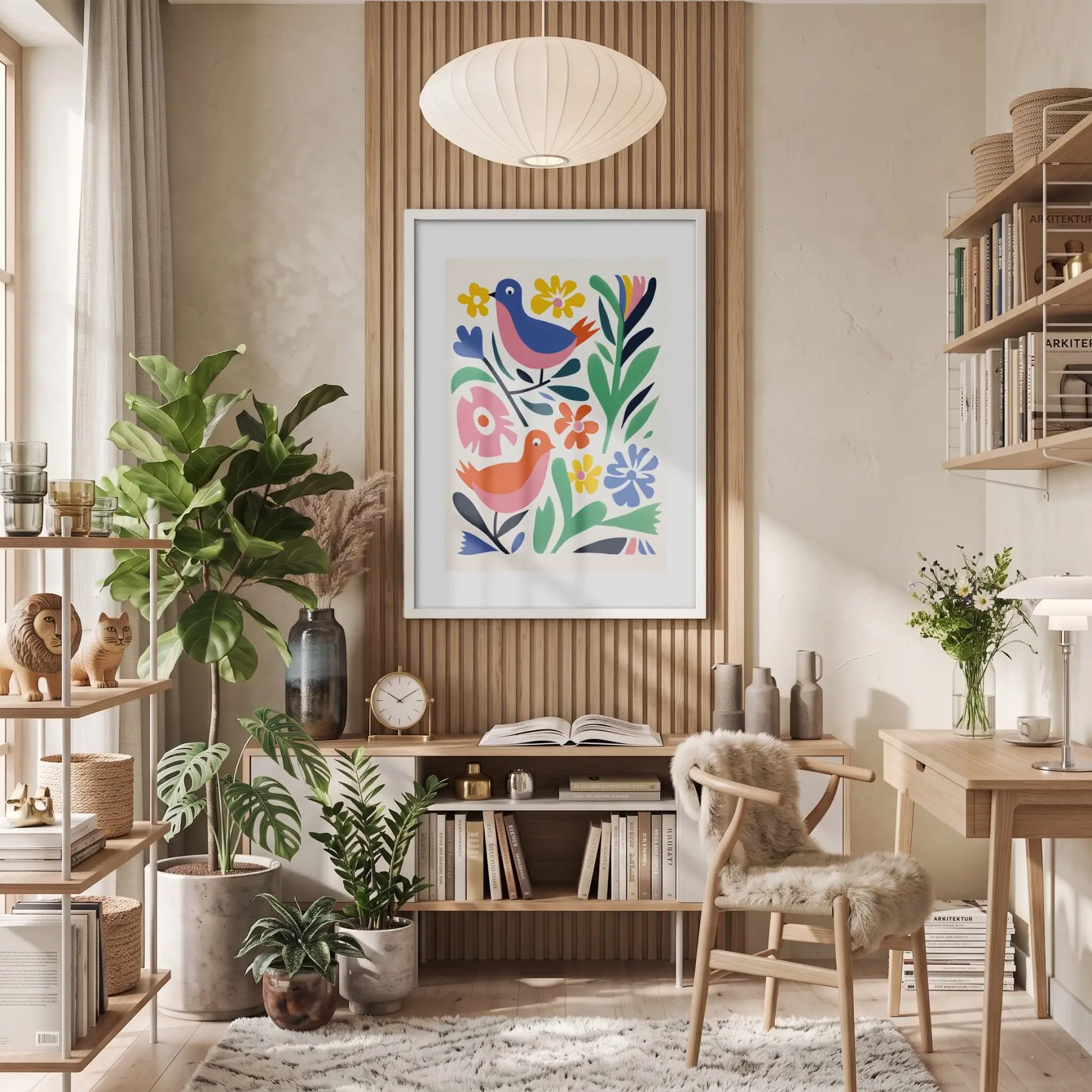 Renkli Kuşlu Bahar Çiçekleri Beyaz Ahşap Çerçeveli Tablo Bohem Odası Duvar Dekoru Poster
