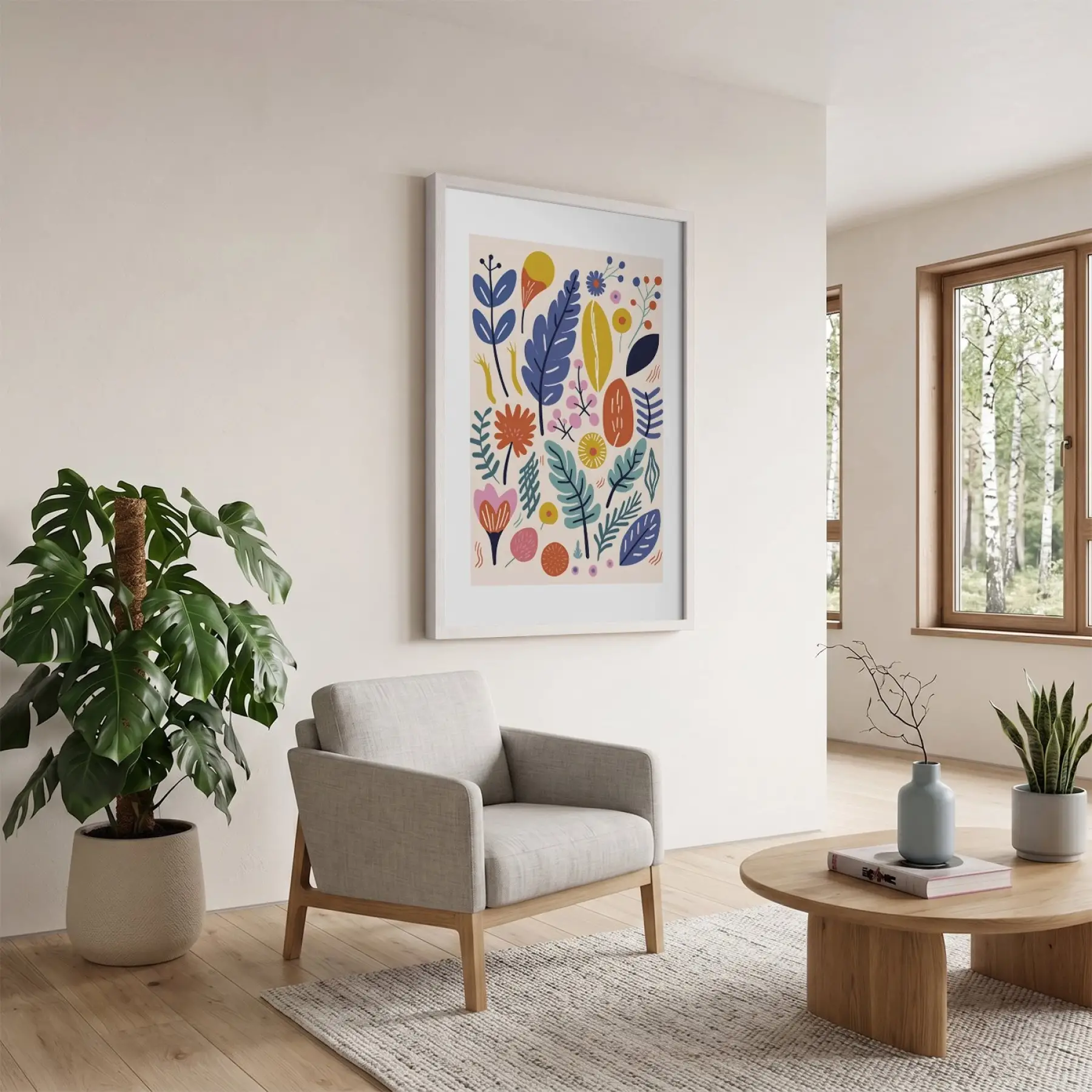 Neşeli Botanik Desenler Beyaz Ahşap Çerçeveli Tablo Bohem Dekorasyonu Poster Obje Ev Aksesuarları