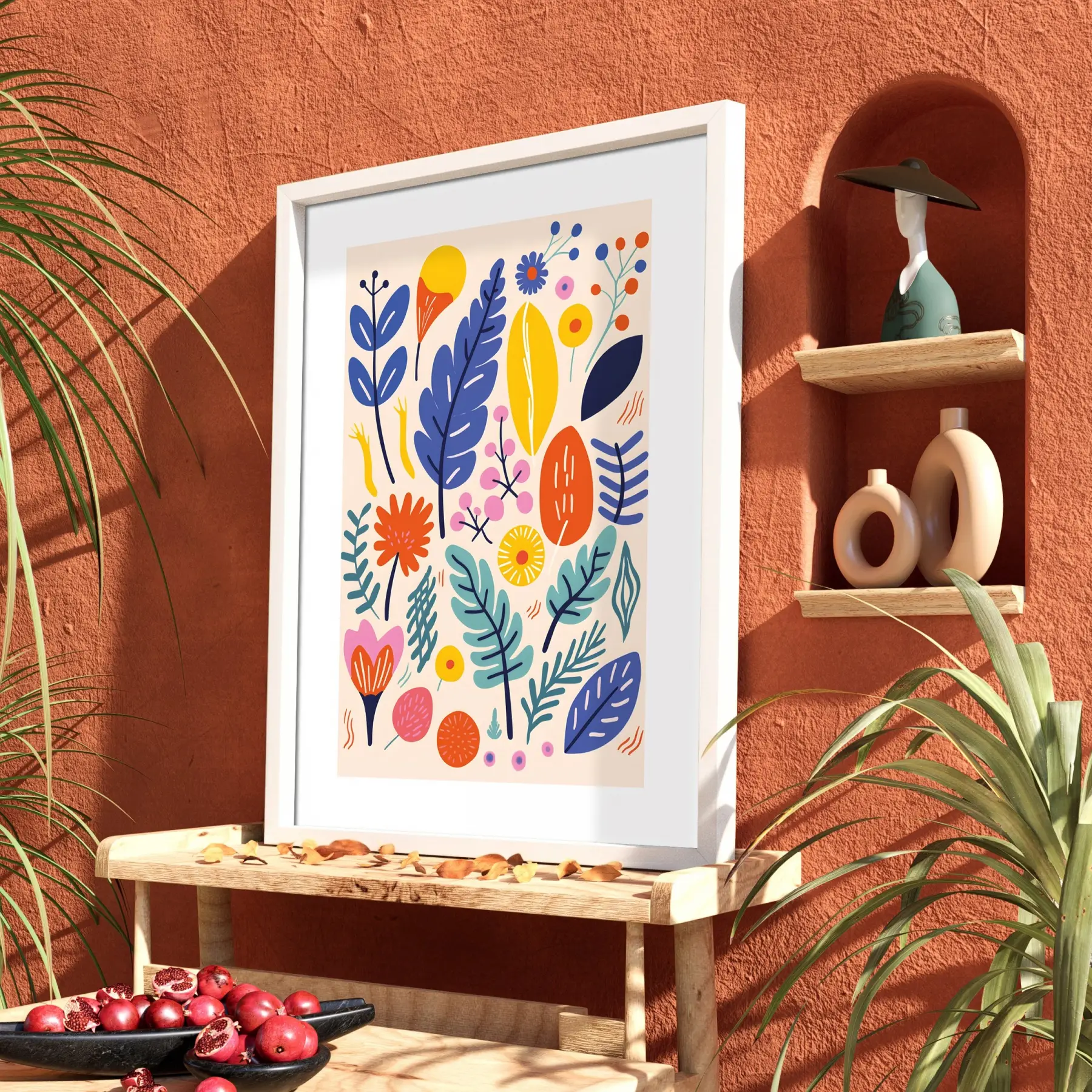 Neşeli Botanik Desenler Beyaz Ahşap Çerçeveli Tablo Bohem Dekorasyonu Poster Obje Ev Aksesuarları