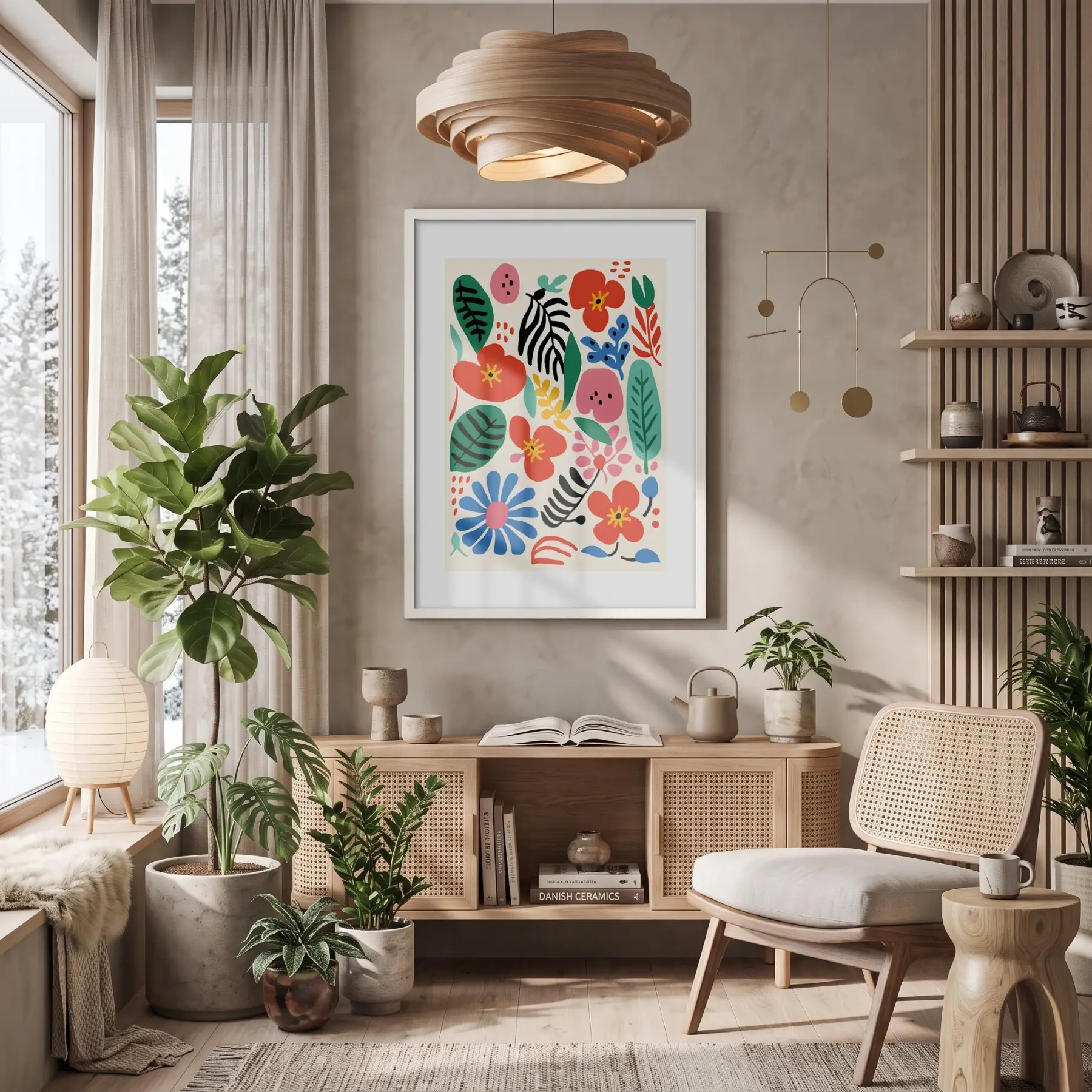 Canlı Soyut Çiçek Bahçesi Beyaz Ahşap Çerçeveli Tablo Bohem Modern Sanat İç Mekan