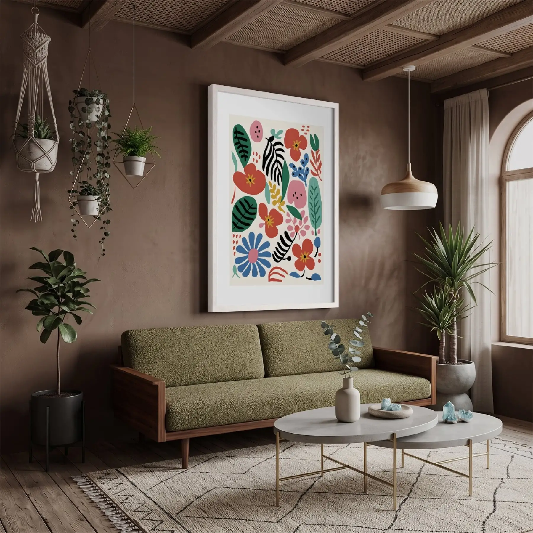 Canlı Soyut Çiçek Bahçesi Beyaz Ahşap Çerçeveli Tablo Bohem Modern Sanat İç Mekan