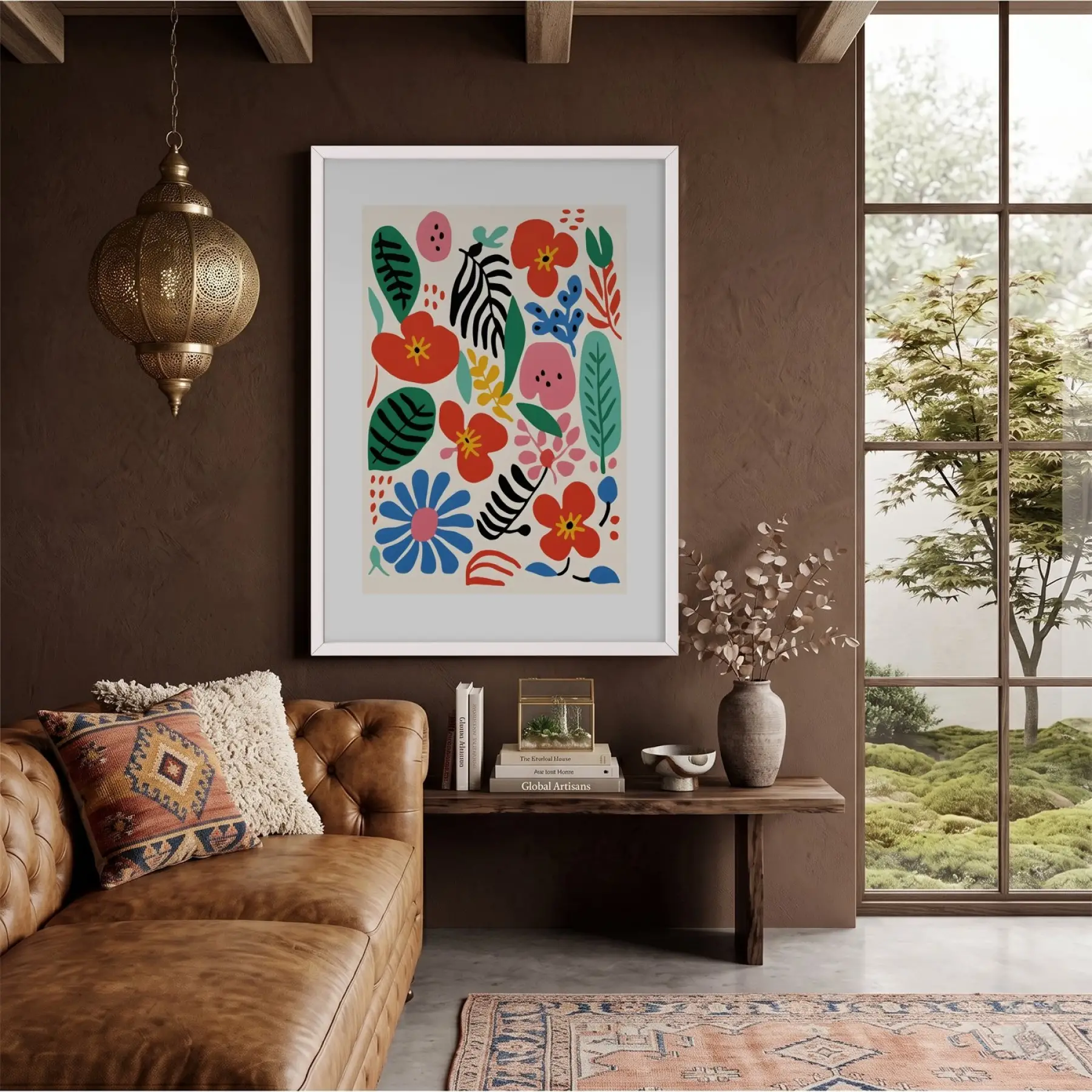 Canlı Soyut Çiçek Bahçesi Beyaz Ahşap Çerçeveli Tablo Bohem Modern Sanat İç Mekan