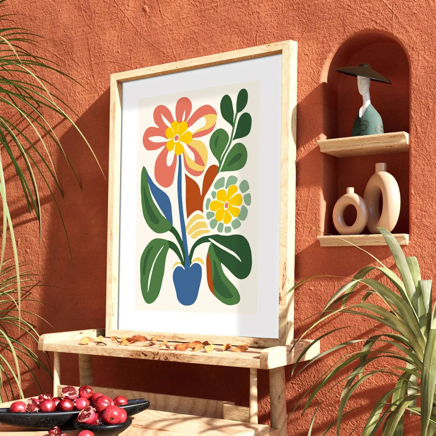 Pastel Soyut Çiçek Demeti Doğal Ahşap Çerçeveli Tablo Bohem Dekoratif Obje Ev Aksesuarları