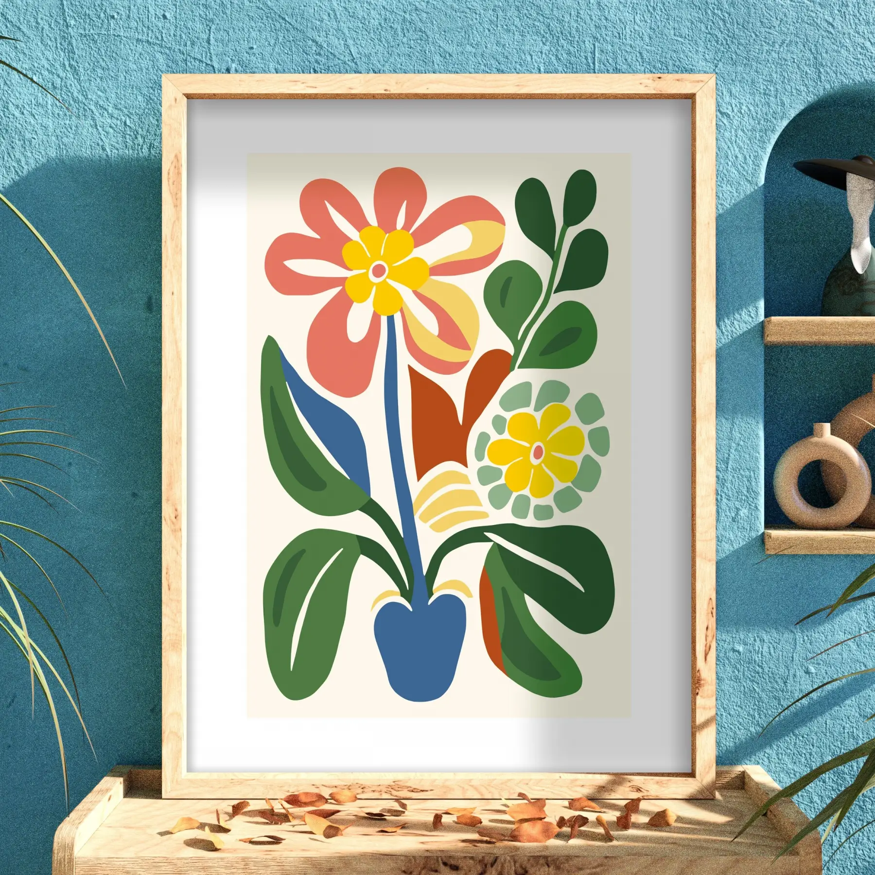 Pastel Soyut Çiçek Demeti Doğal Ahşap Çerçeveli Tablo Bohem Dekoratif Obje Ev Aksesuarları