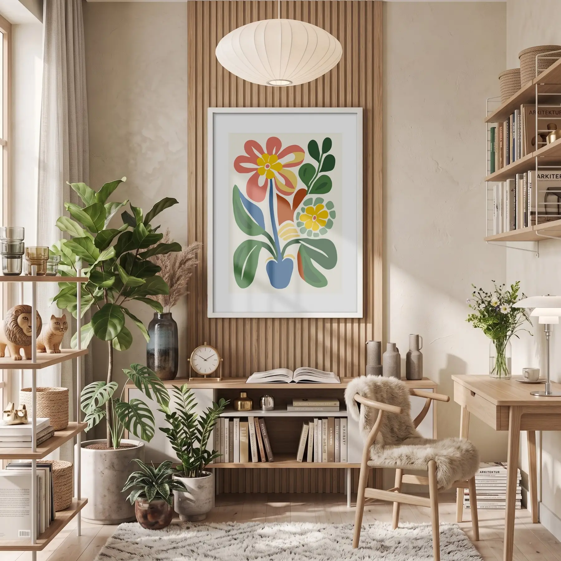 Pastel Soyut Çiçek Demeti Beyaz Ahşap Çerçeveli Tablo Bohem Dekorasyonu Poster Obje Ev