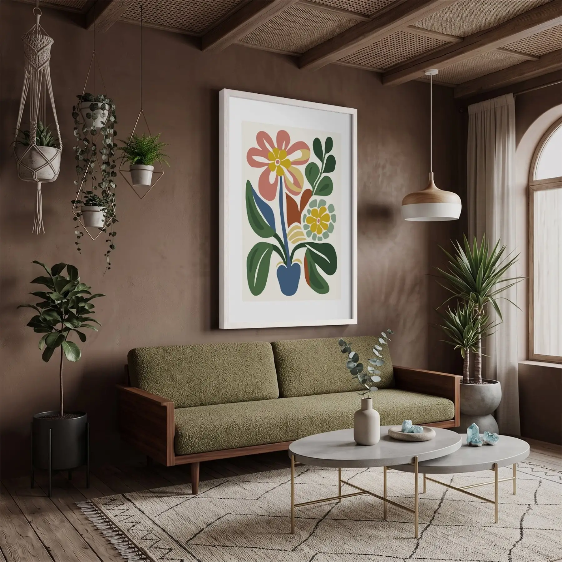 Pastel Soyut Çiçek Demeti Beyaz Ahşap Çerçeveli Tablo Bohem Dekorasyonu Poster Obje Ev