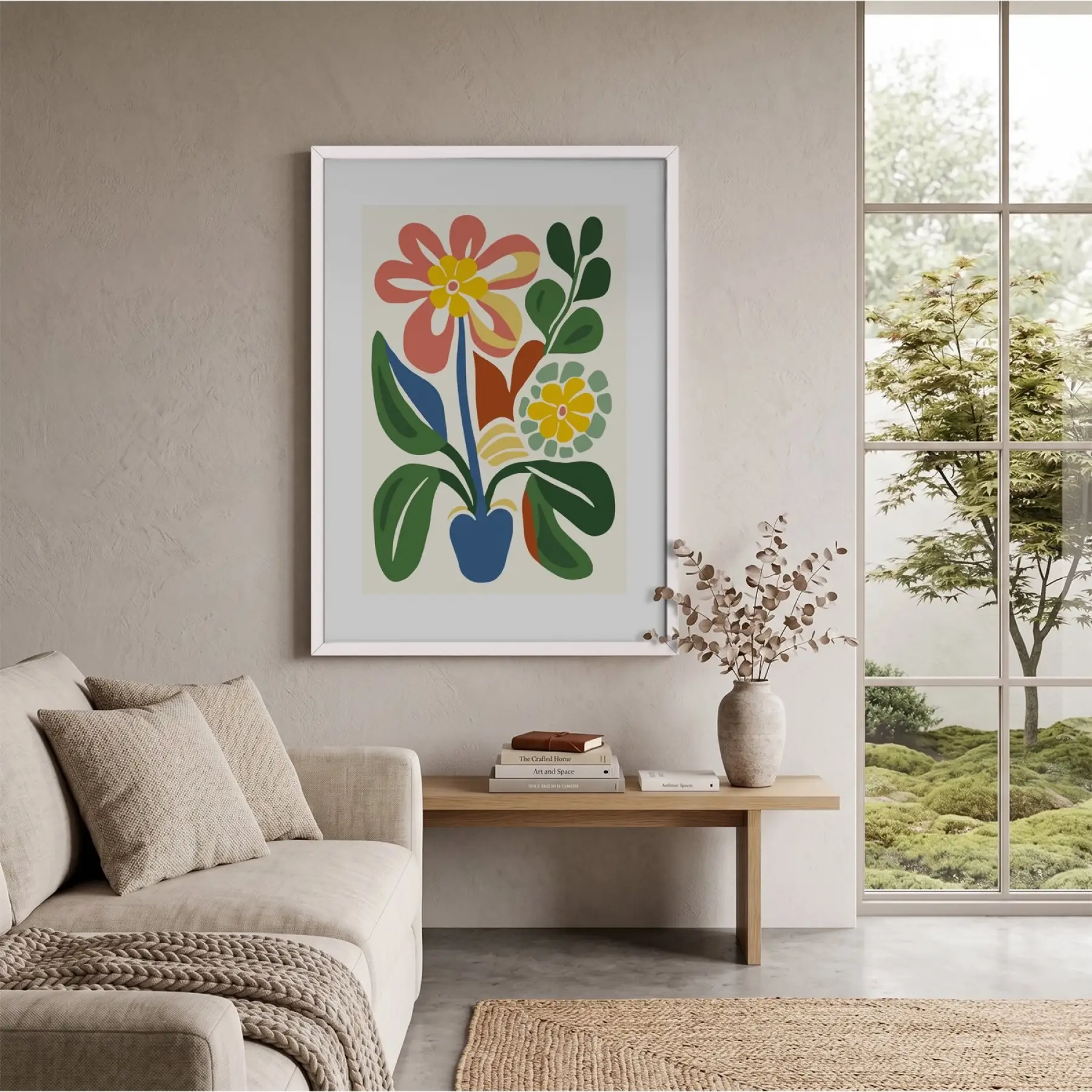 Pastel Soyut Çiçek Demeti Beyaz Ahşap Çerçeveli Tablo Bohem Dekorasyonu Poster Obje Ev