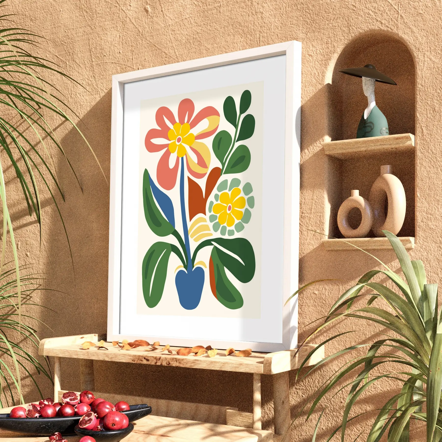 Pastel Soyut Çiçek Demeti Beyaz Ahşap Çerçeveli Tablo Bohem Dekorasyonu Poster Obje Ev