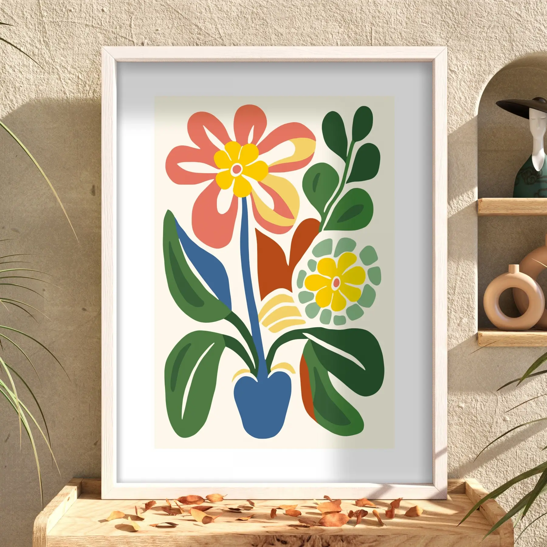 Pastel Soyut Çiçek Demeti Beyaz Ahşap Çerçeveli Tablo Bohem Dekorasyonu Poster Obje Ev
