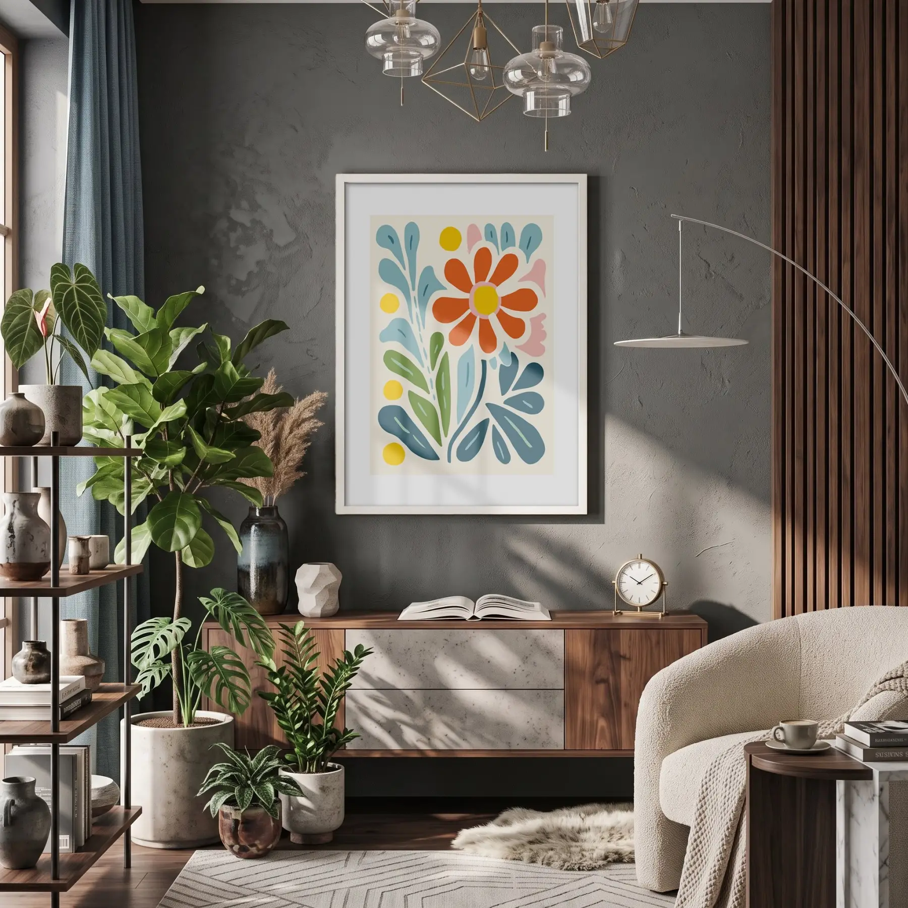 Canlı Soyut Çiçek Beyaz Ahşap Çerçeveli Tablo Bohem Ofis Kanvas Görünümlü Salon Oturma