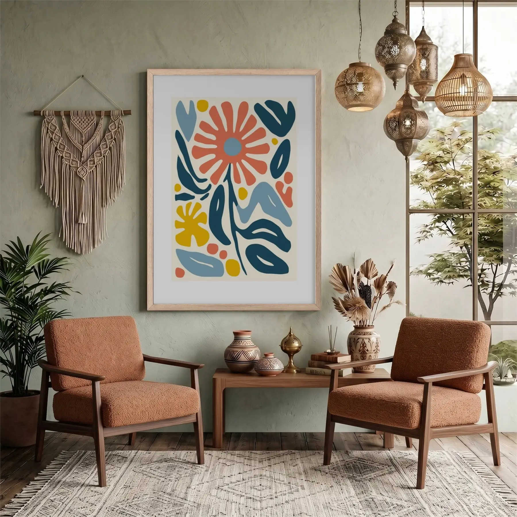 Mercan Mavi Organik Sanat Doğal Ahşap Çerçeveli Tablo Dekoratif Obje Ev Aksesuarları Modern