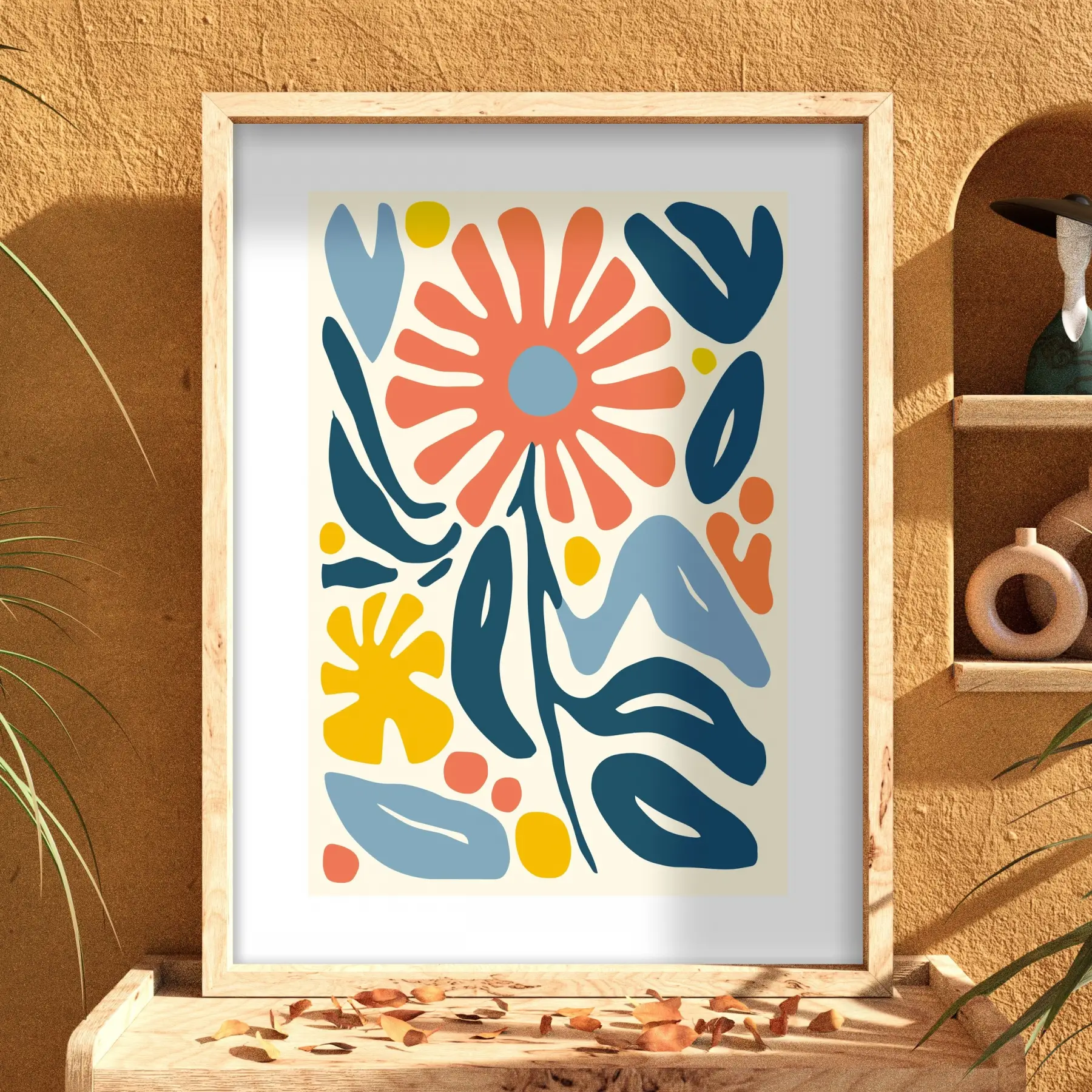 Mercan Mavi Organik Sanat Doğal Ahşap Çerçeveli Tablo Dekoratif Obje Ev Aksesuarları Modern