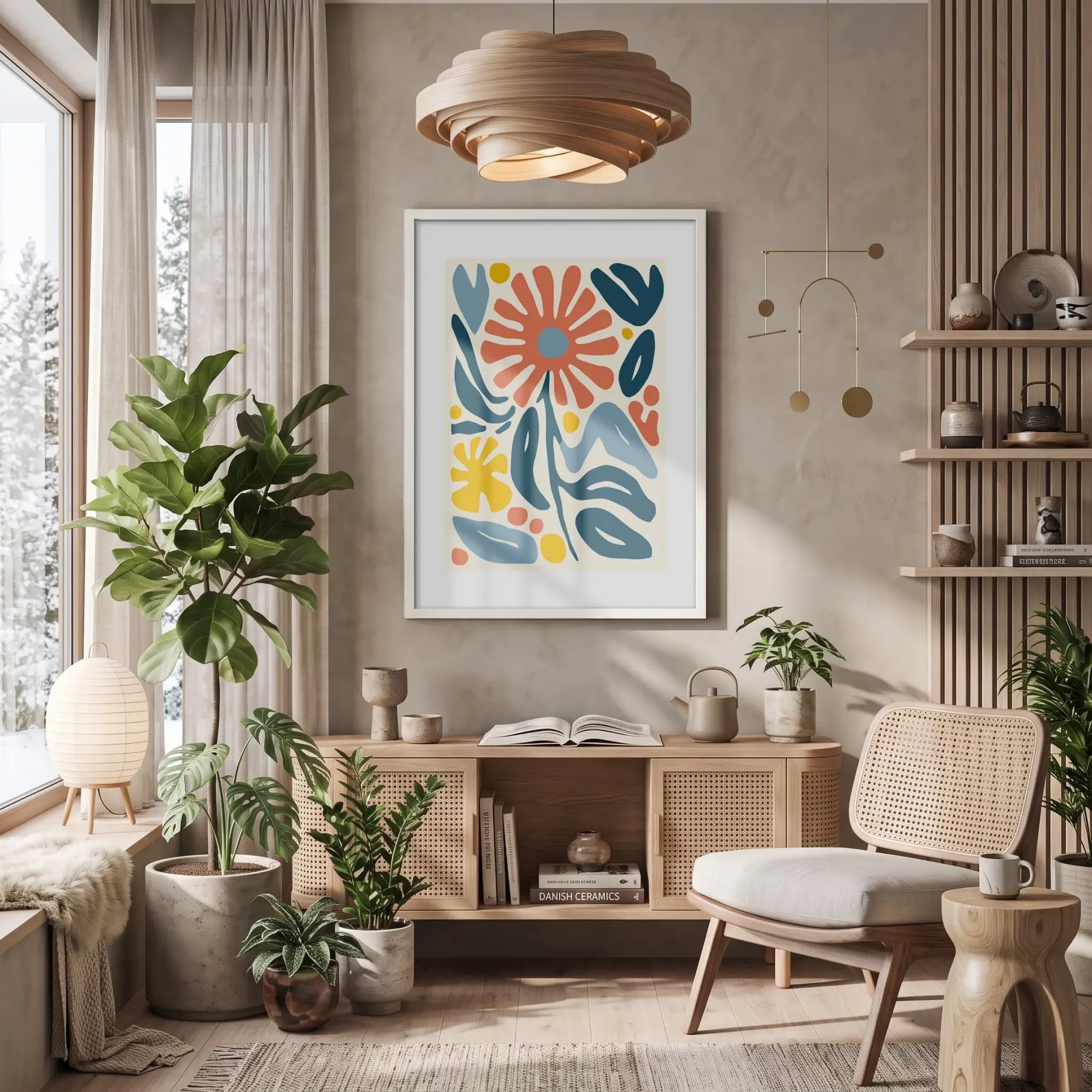 Mercan Mavi Organik Sanat Beyaz Ahşap Çerçeveli Tablo Koridor Ofis Kanvas Görünümlü Salon