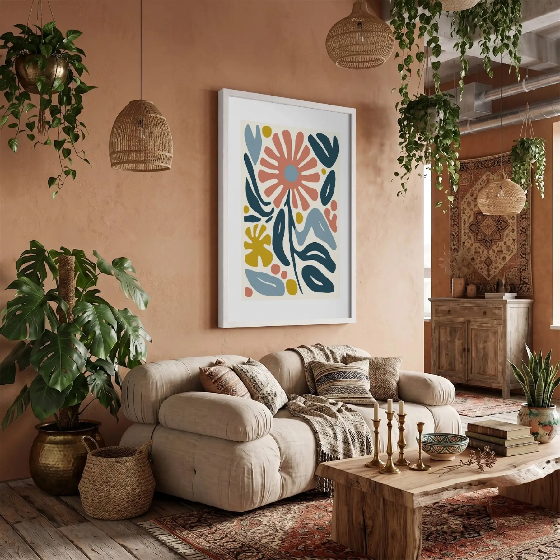 Mercan Mavi Organik Sanat Beyaz Ahşap Çerçeveli Tablo Koridor Ofis Kanvas Görünümlü Salon