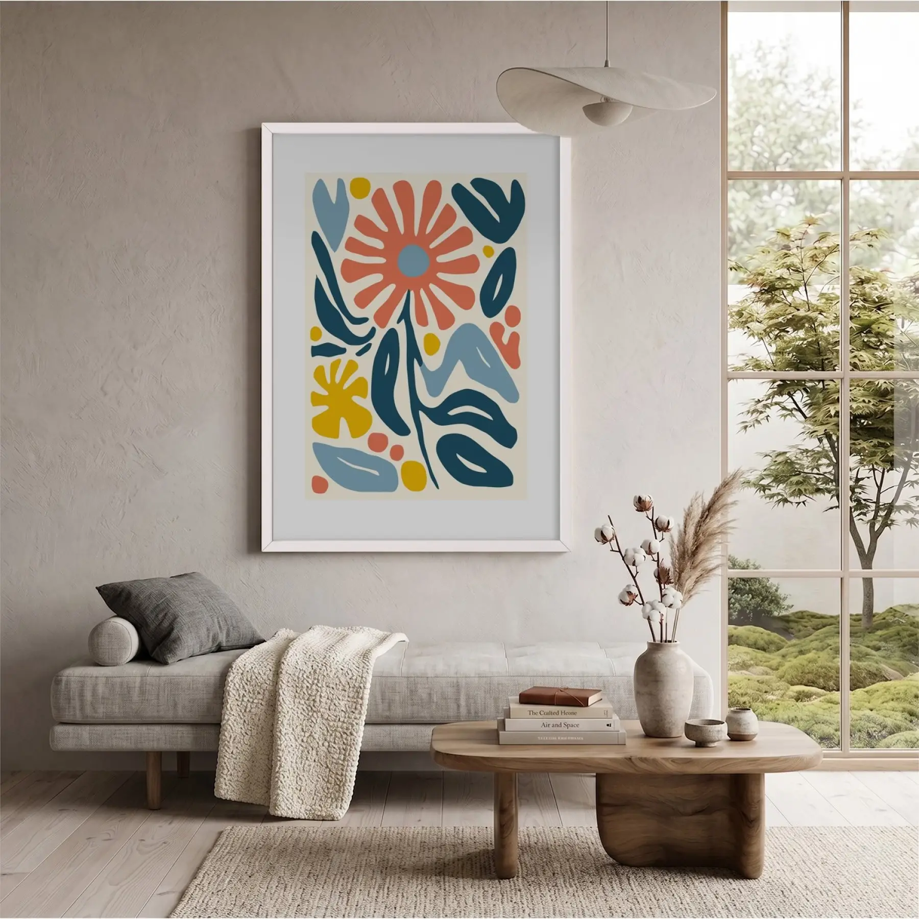 Mercan Mavi Organik Sanat Beyaz Ahşap Çerçeveli Tablo Koridor Ofis Kanvas Görünümlü Salon