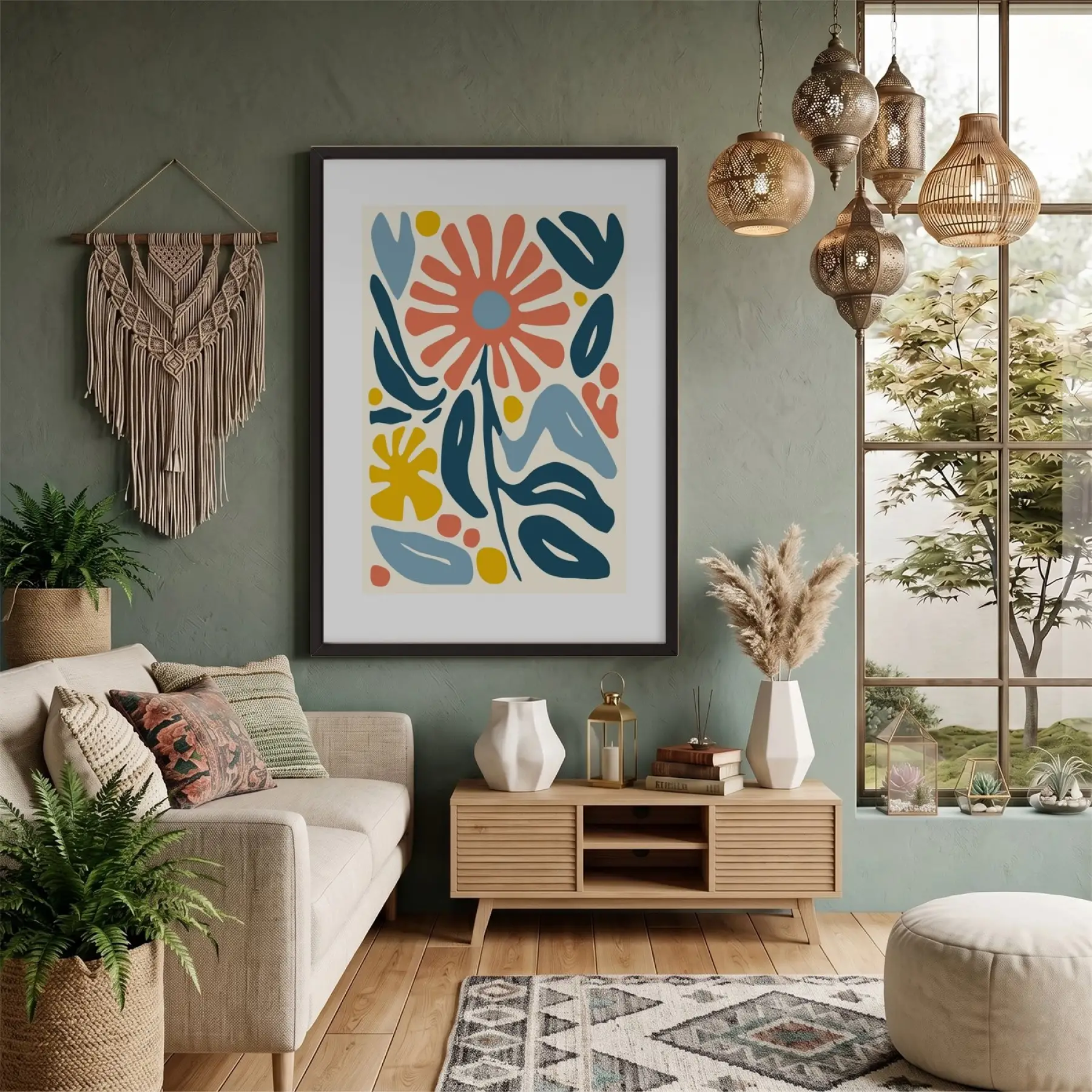 Mercan Mavi Organik Sanat Siyah Ahşap Çerçeveli Tablo Dekoratif Obje Ev Aksesuarları Modern