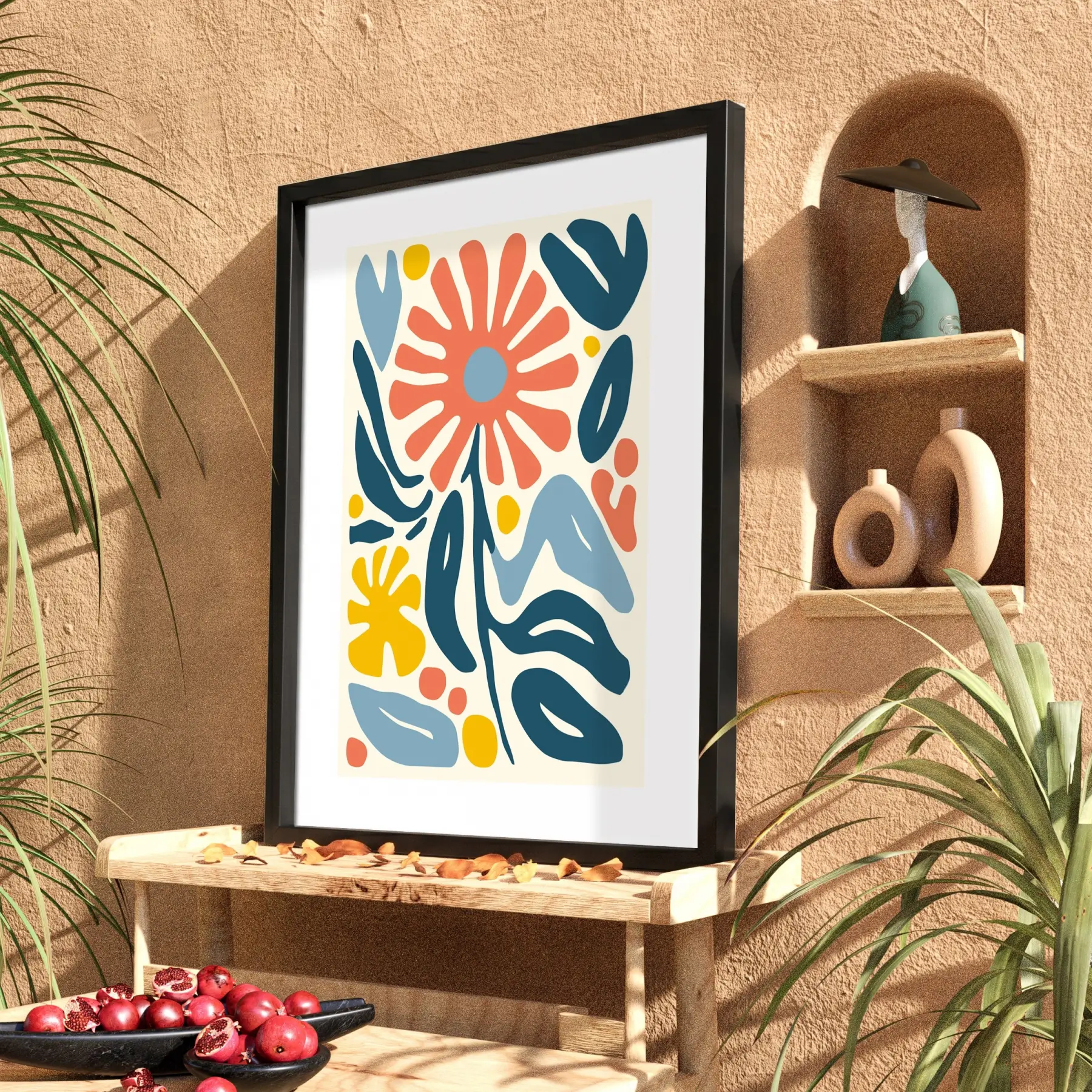 Mercan Mavi Organik Sanat Siyah Ahşap Çerçeveli Tablo Dekoratif Obje Ev Aksesuarları Modern